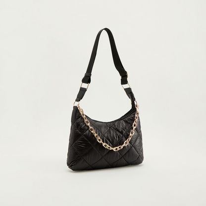 Quilted Shoulder Bag with Chain Accent and Zip Closure-Bags-image-2