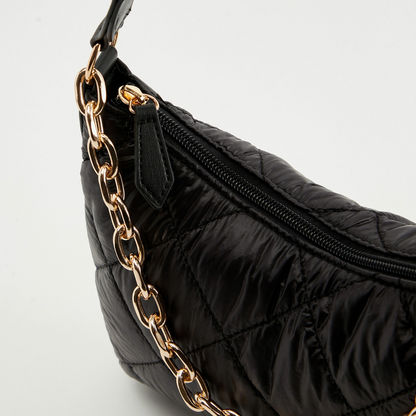Quilted Shoulder Bag with Chain Accent and Zip Closure-Bags-image-3