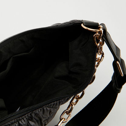 Quilted Shoulder Bag with Chain Accent and Zip Closure-Bags-image-4