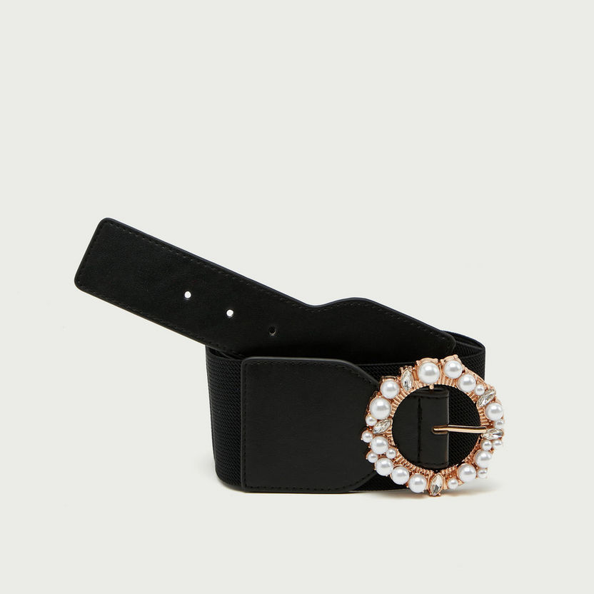 Solid Stretch Waist Belt with Pearl Embellished Buckle-Belts-image-0