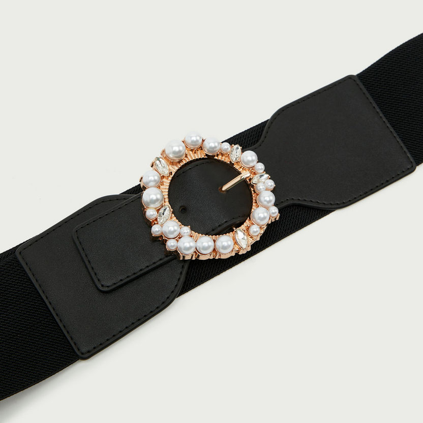 Solid Stretch Waist Belt with Pearl Embellished Buckle-Belts-image-2