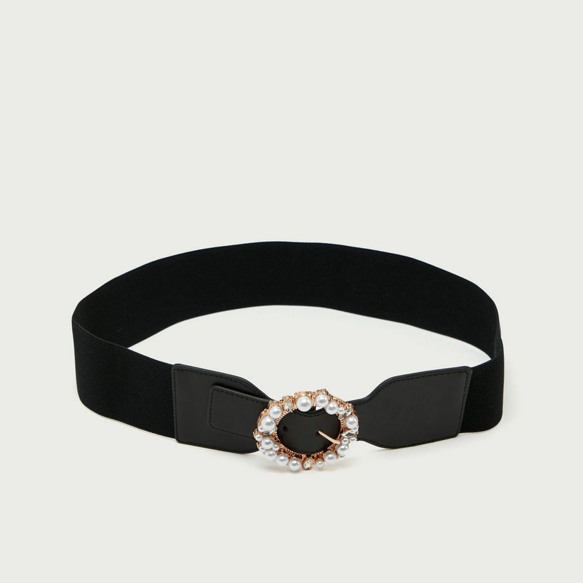 Solid Stretch Waist Belt with Pearl Embellished Buckle-Belts-image-3