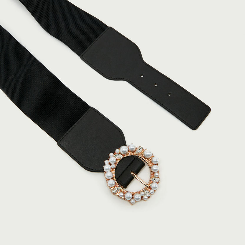 Solid Stretch Waist Belt with Pearl Embellished Buckle-Belts-image-4