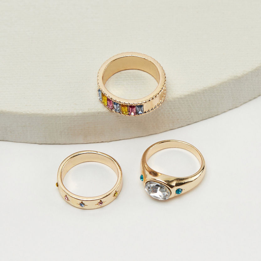 Set of 3 -  Stone Studded Metallic Ring-Rings-image-0
