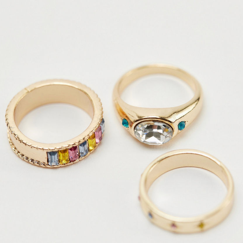 Set of 3 -  Stone Studded Metallic Ring-Rings-image-1
