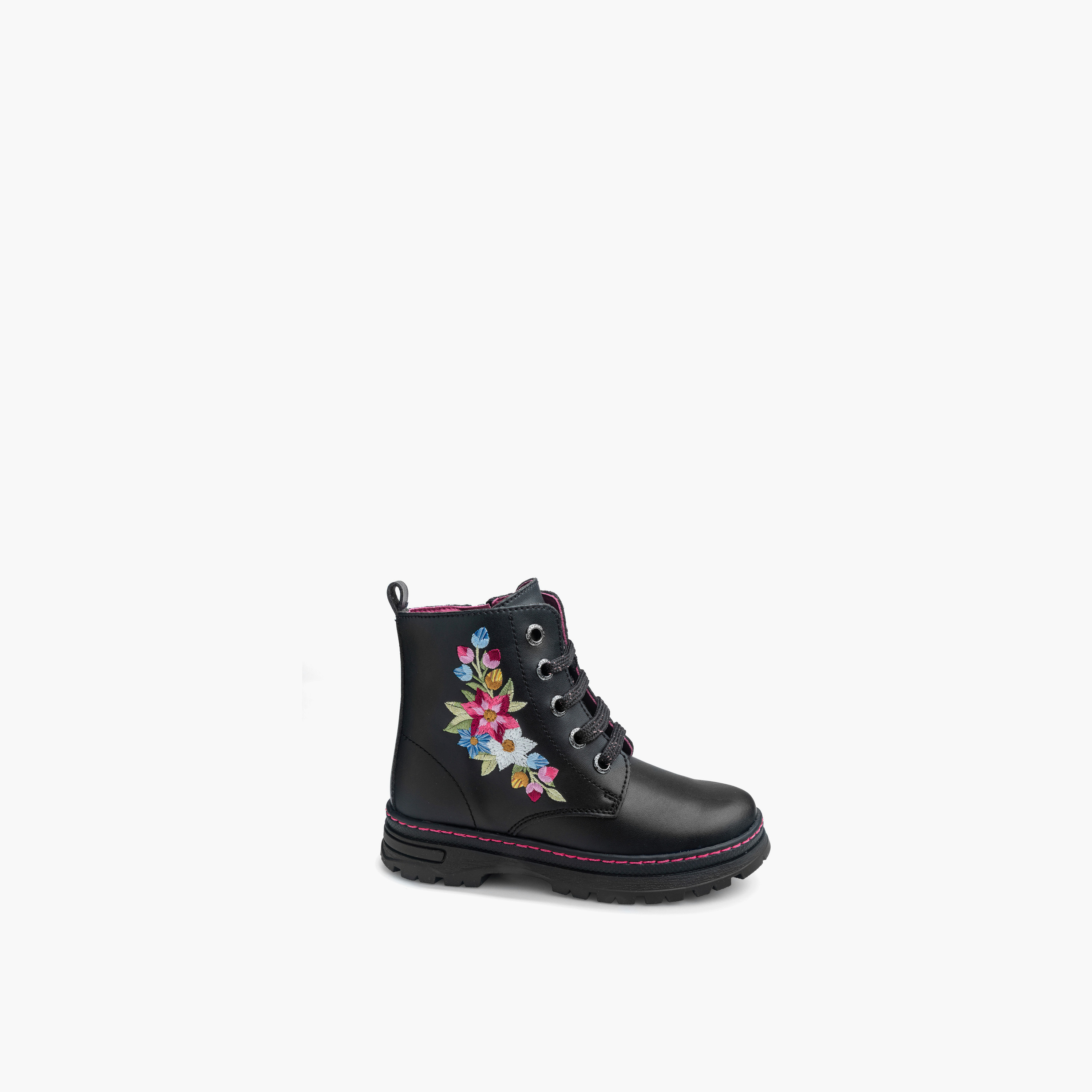 Pablosky Girls Floral Embroidered Lace-Up Boots-girls-shoes-boots-image-7