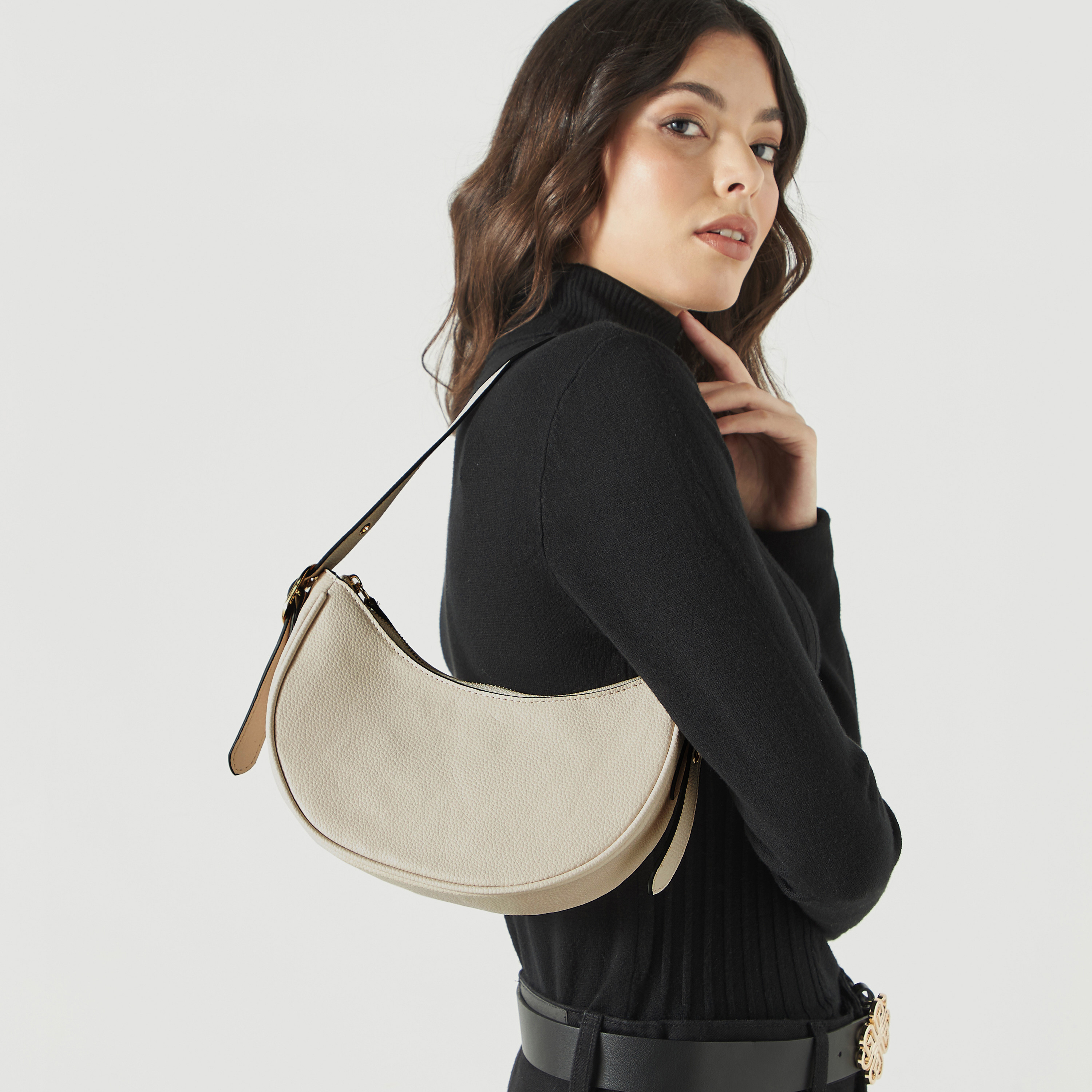 Shop Textured Shoulder Bag with Adjustable Strap and Zip