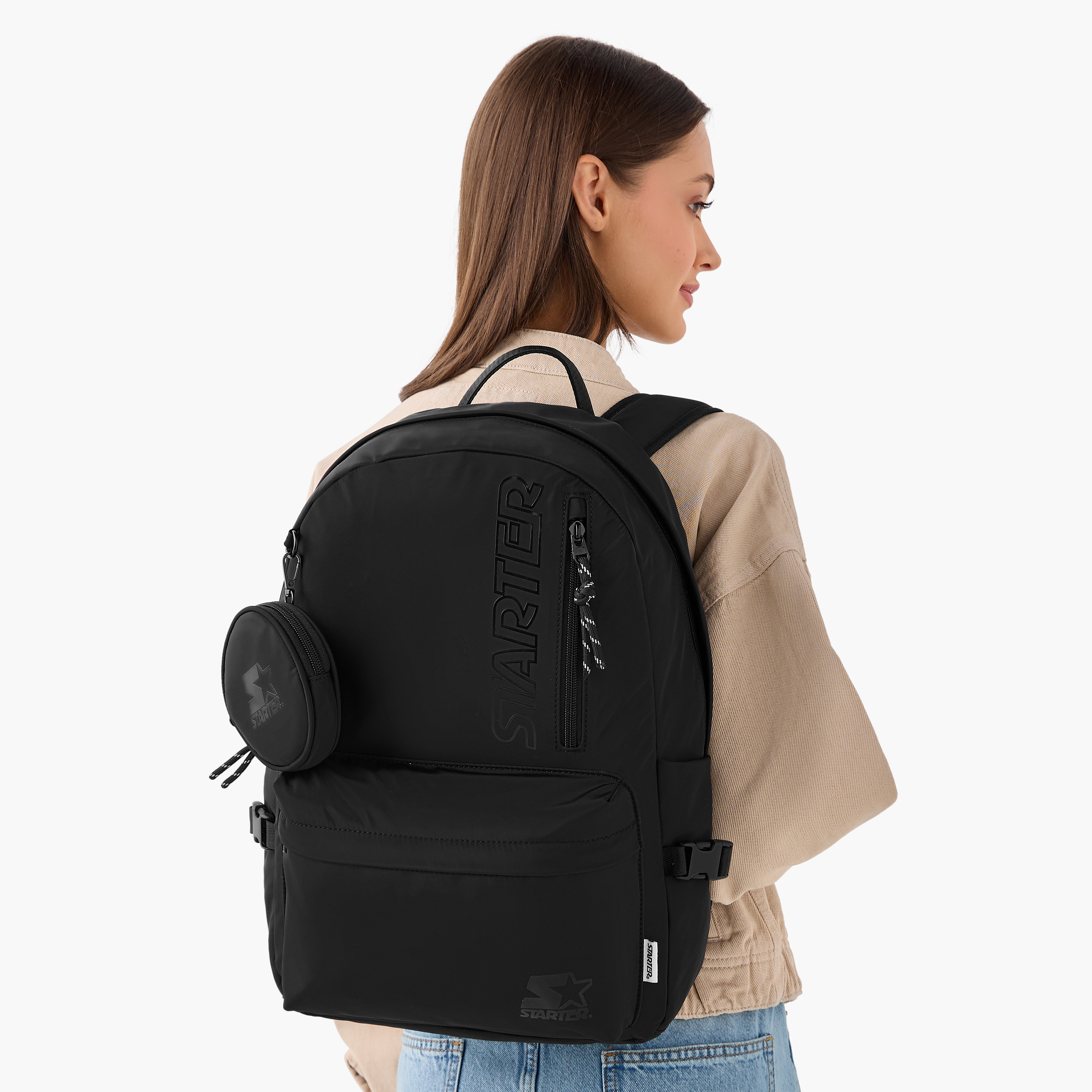 Starter Logo Print Backpack with Adjustable Shoulder Straps and Pouch - 28x13x42 cm-women-bagsandwallets-backpacks-image-2