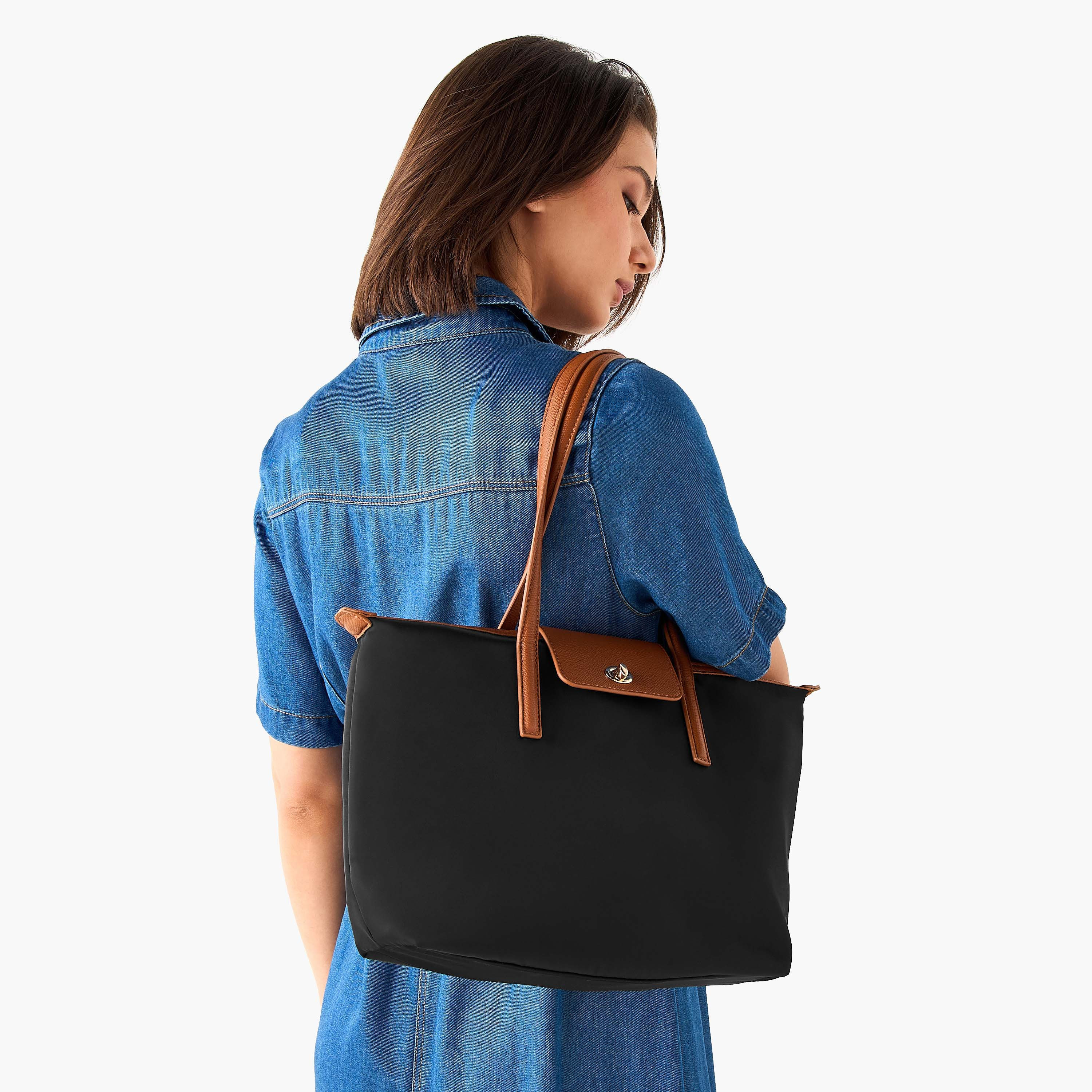 Flap Detail Tote Bag with Double Handle and Twist Lock Closure-women-bagsandwallets-handbags-image-8