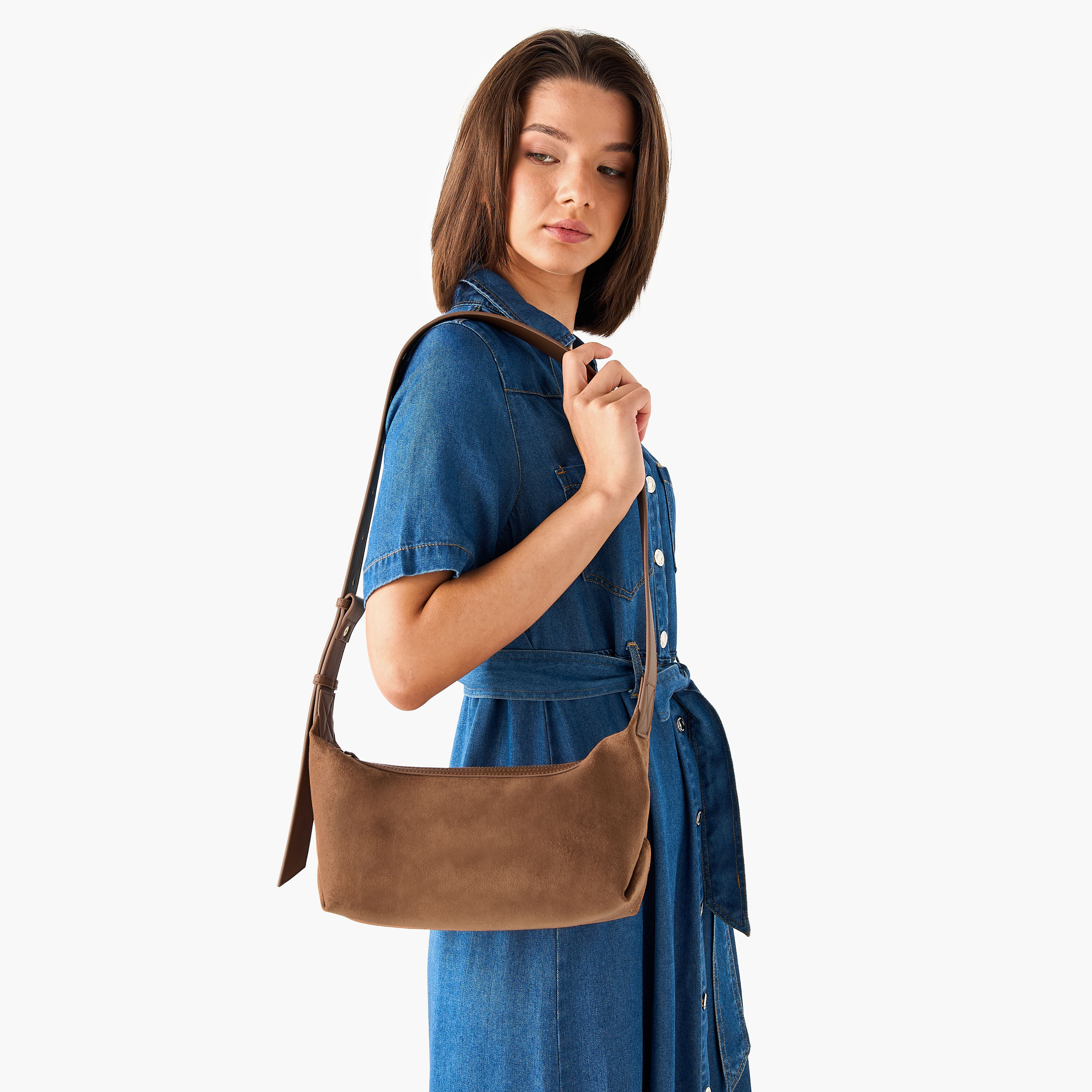 Textured Suede Shoulder Bag with Strap Handle and Zip Closure-women-bagsandwallets-handbags-image-2