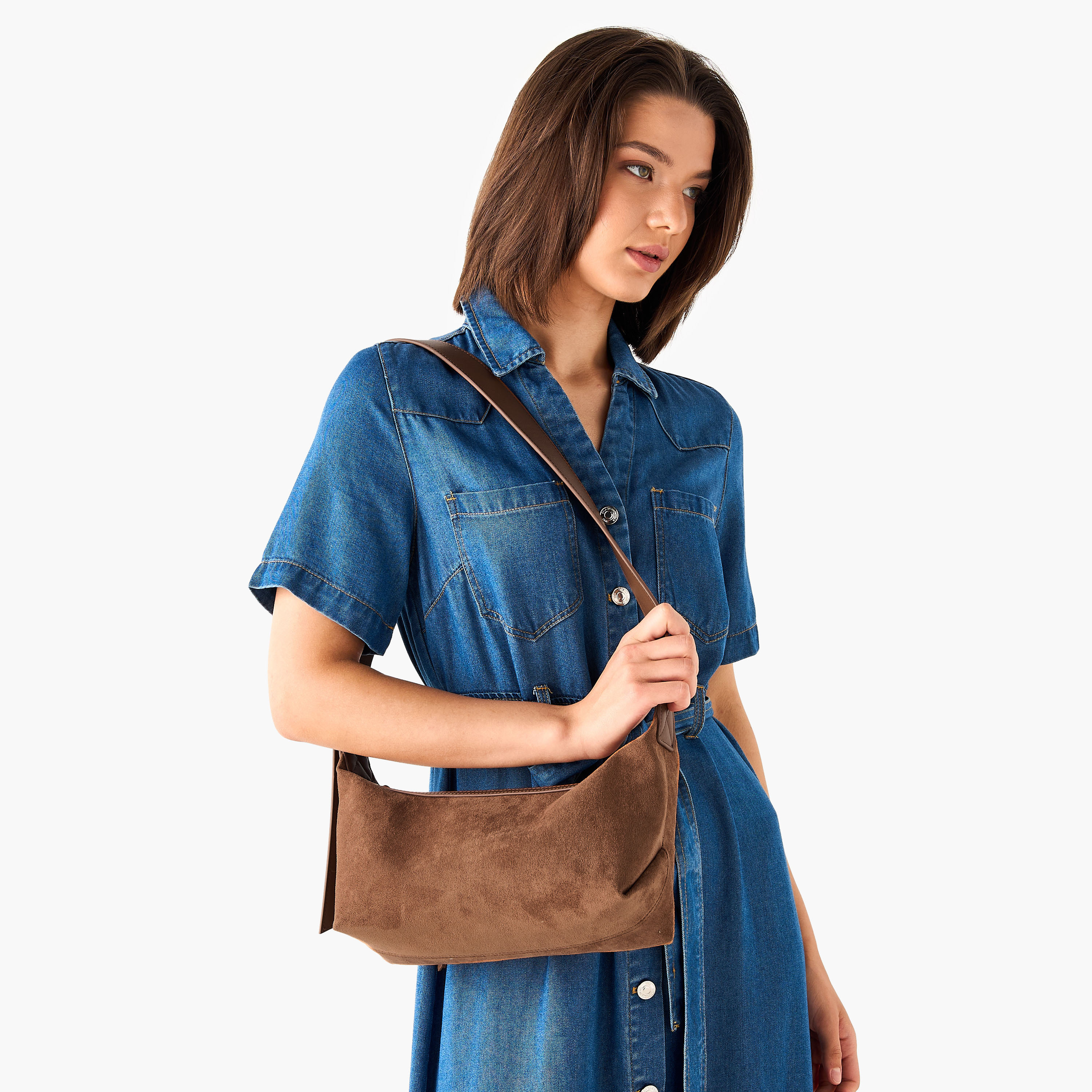 Textured Suede Shoulder Bag with Strap Handle and Zip Closure-women-bagsandwallets-handbags-image-8