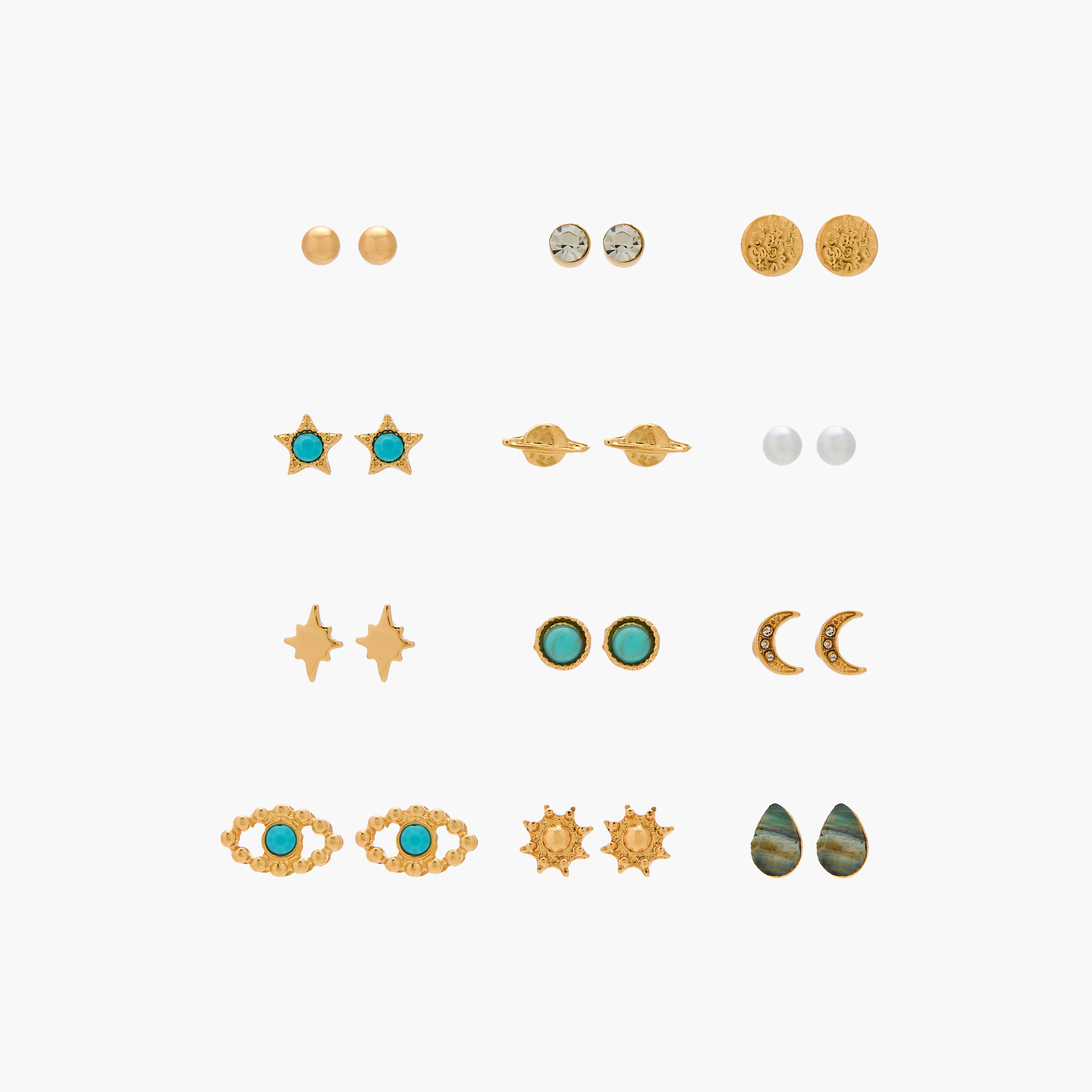 Gloo Pack of 12 Gold Tone Assorted Stud Earrings with Pushback Closure-women-watchesandjewellery-jewellery-earrings-image-1