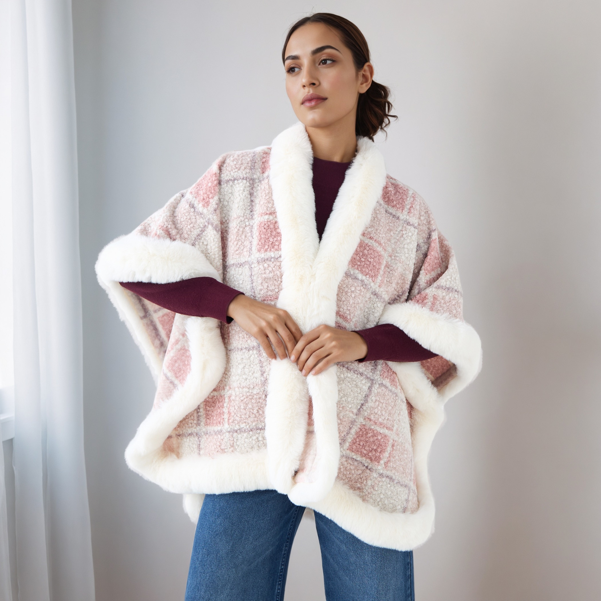 Longline Checked Cape-women-winterwear-cardigansandjumpers-cardigans-image-1