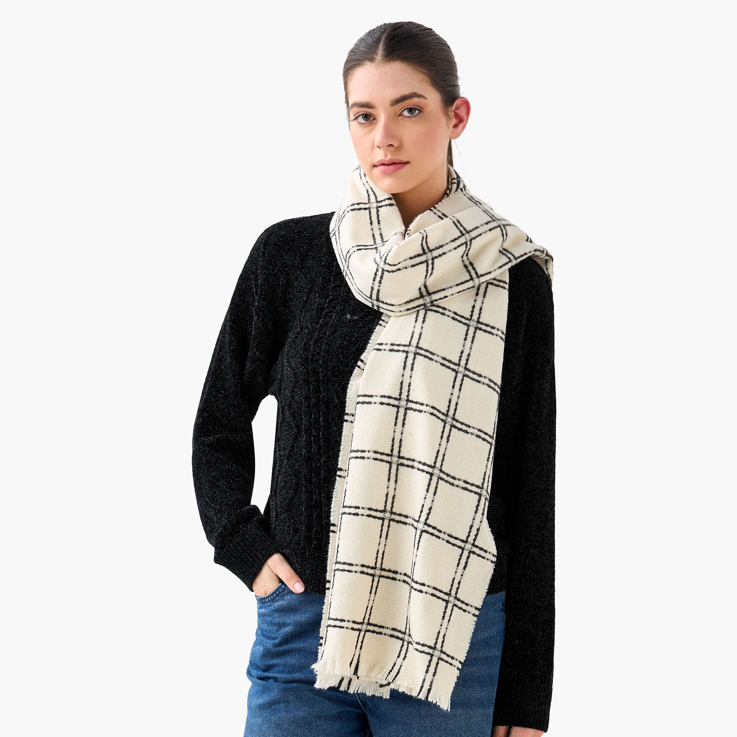 Scarf Polyester Checked Cream-women-winterwear-scarves-image-2