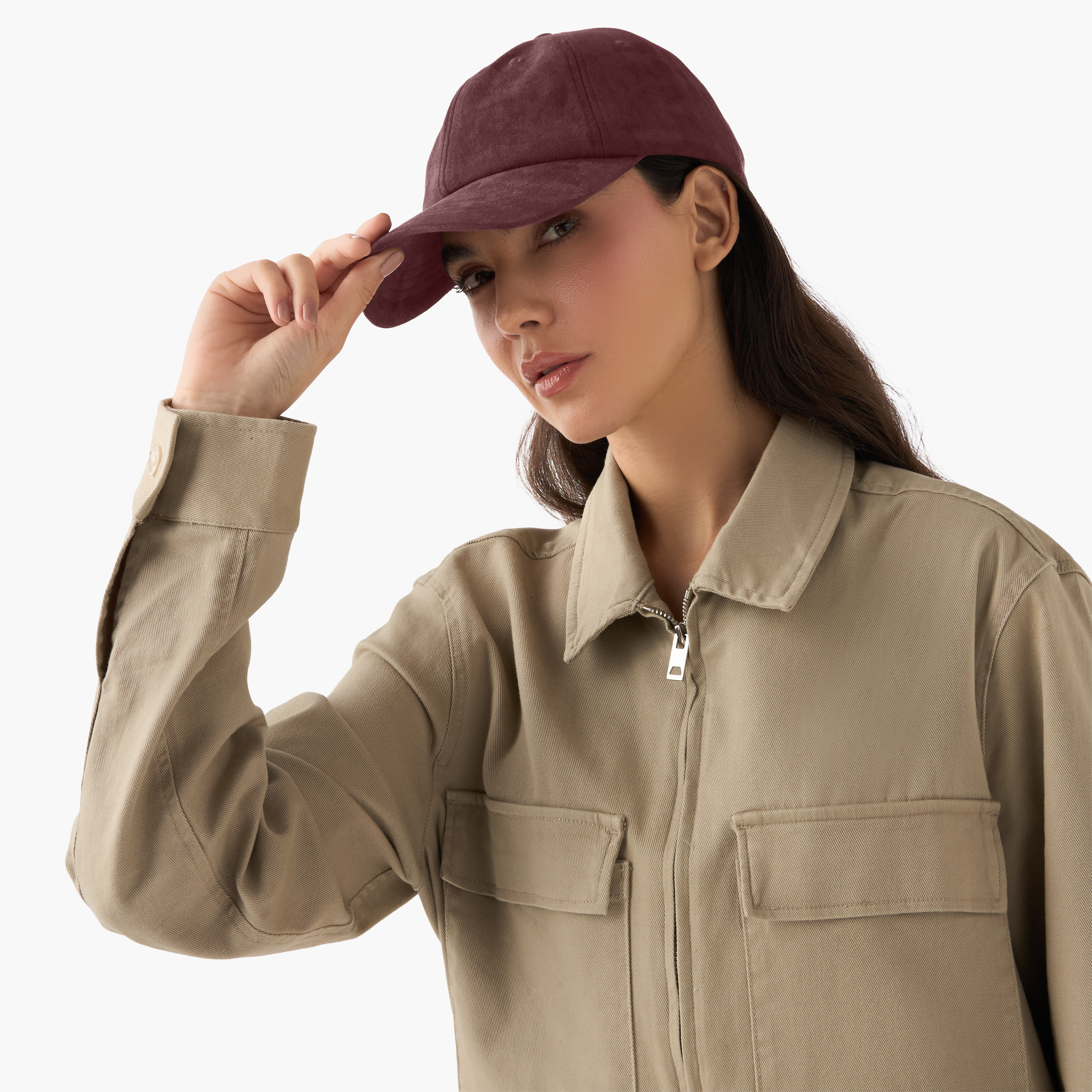 Suede Cap with Hook and Loop Closure-women-winterwear-capsandhats-image-2