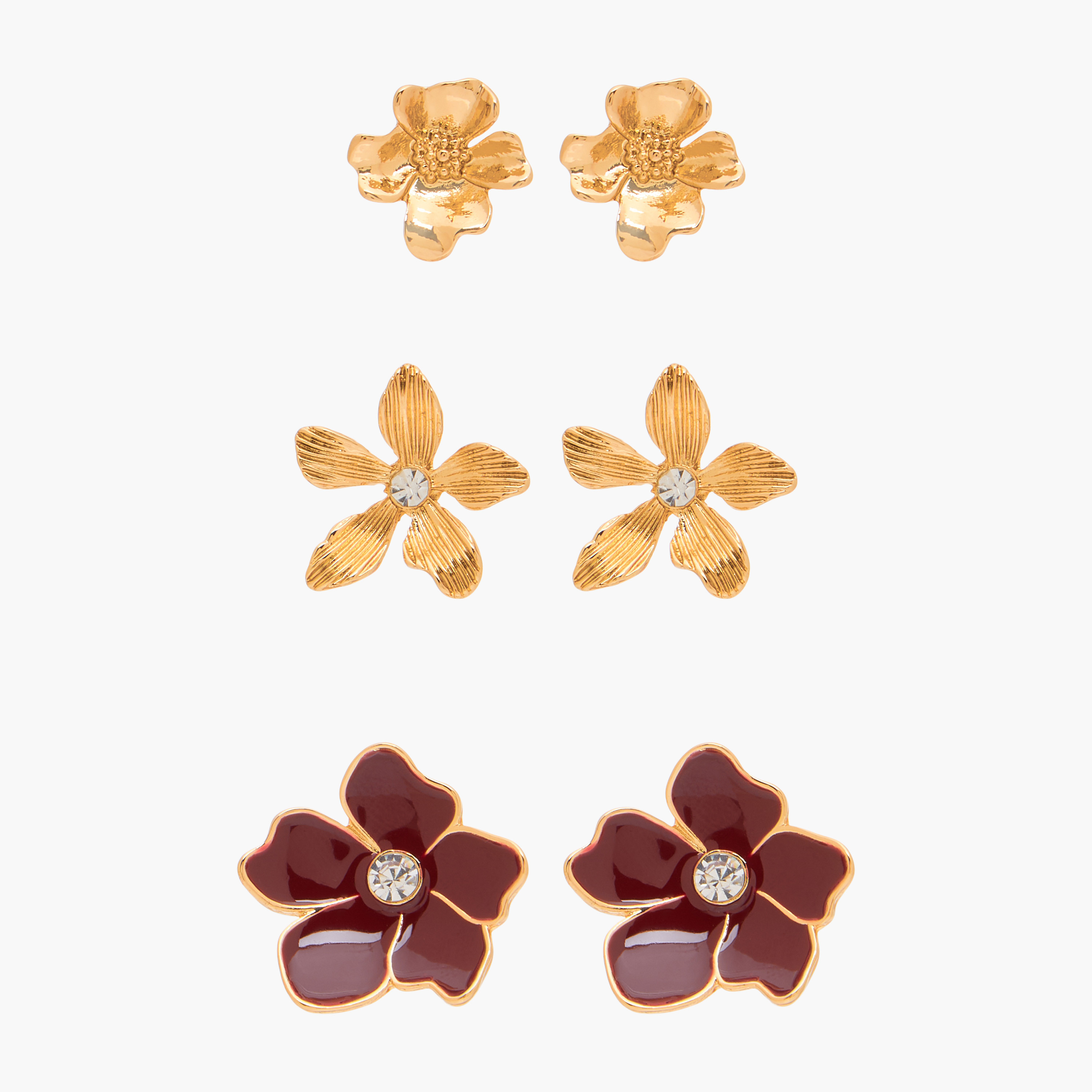 Pack of 3 Metallic Floral Stud Earrings with Pushback Closure-women-watchesandjewellery-jewellery-earrings-image-1