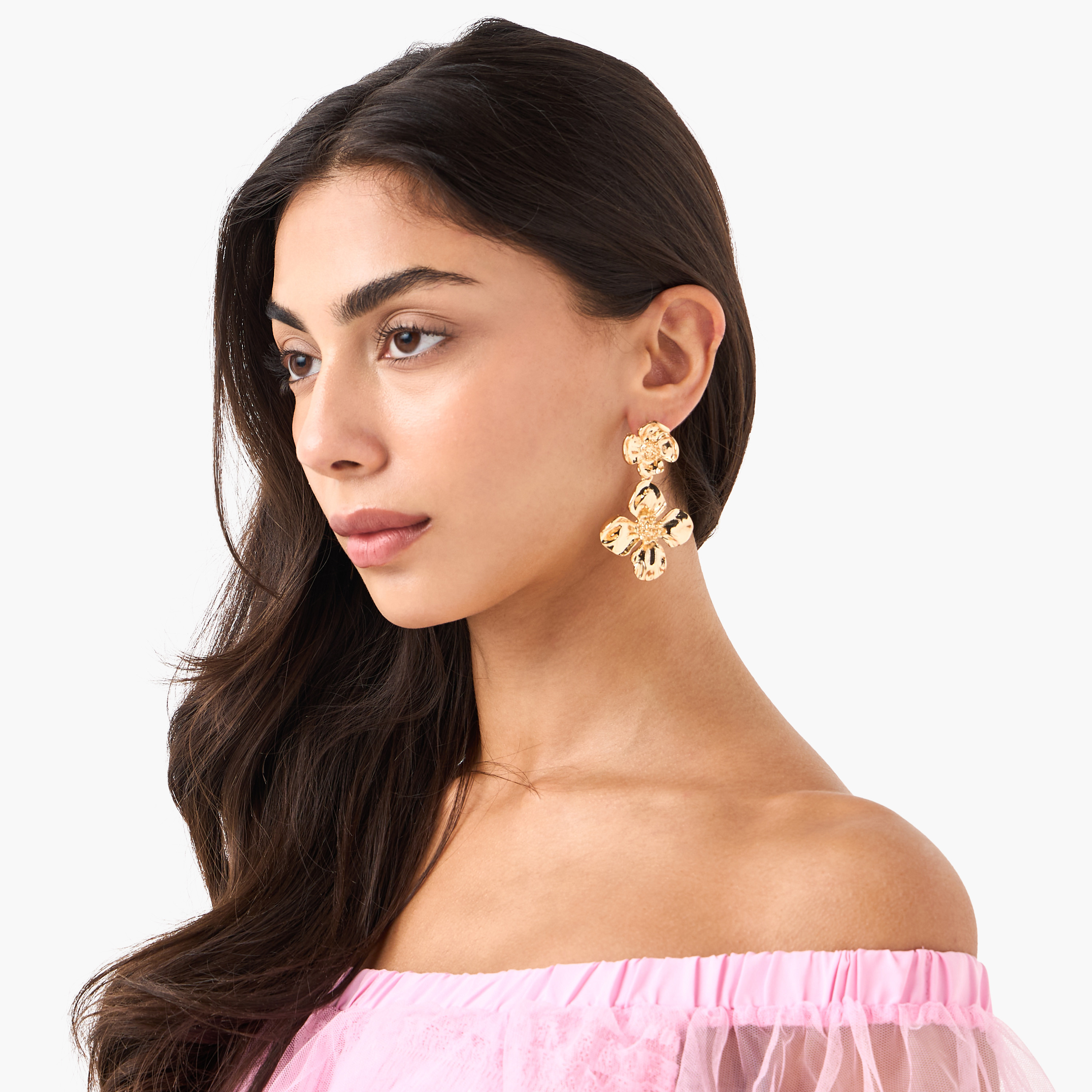 Metallic Floral Dangler Earrings with Pushback Closure-women-watchesandjewellery-jewellery-earrings-image-2