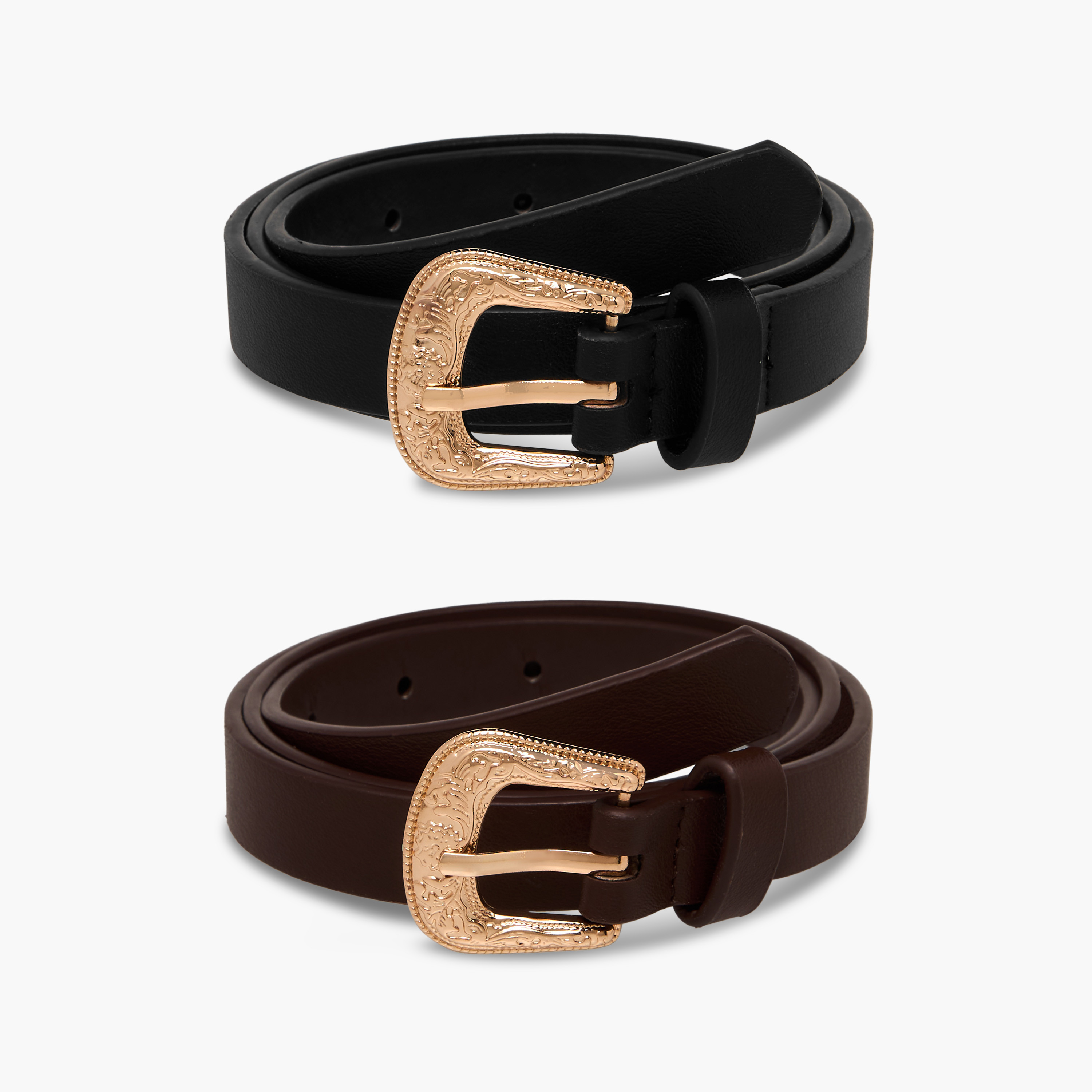 Faux Leather Belt with Curved Buckle - Set of 2-women-clothingaccessories-belts-image-1