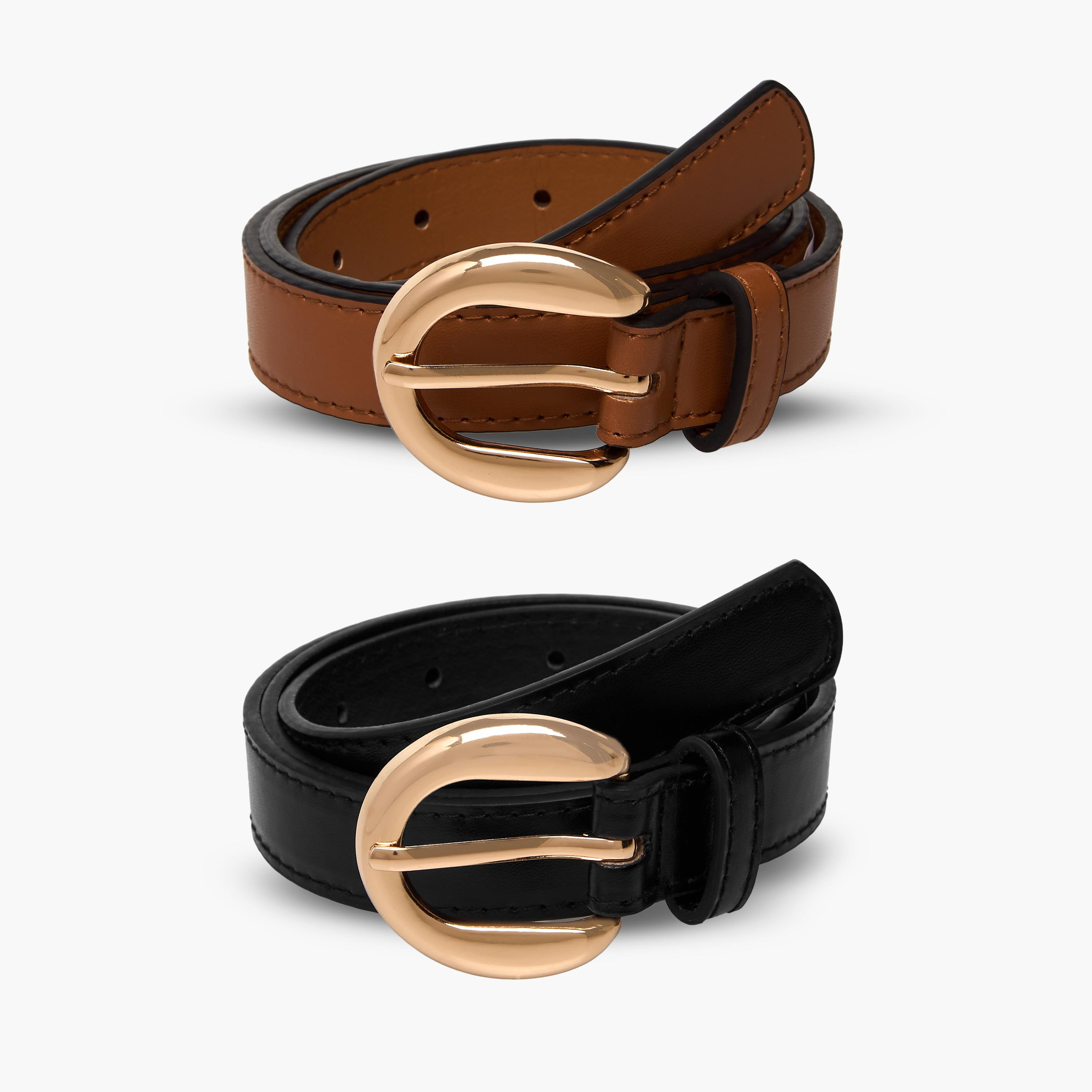 Faux Leather Belt with Curved Buckle - Set of 2-women-clothingaccessories-belts-image-1