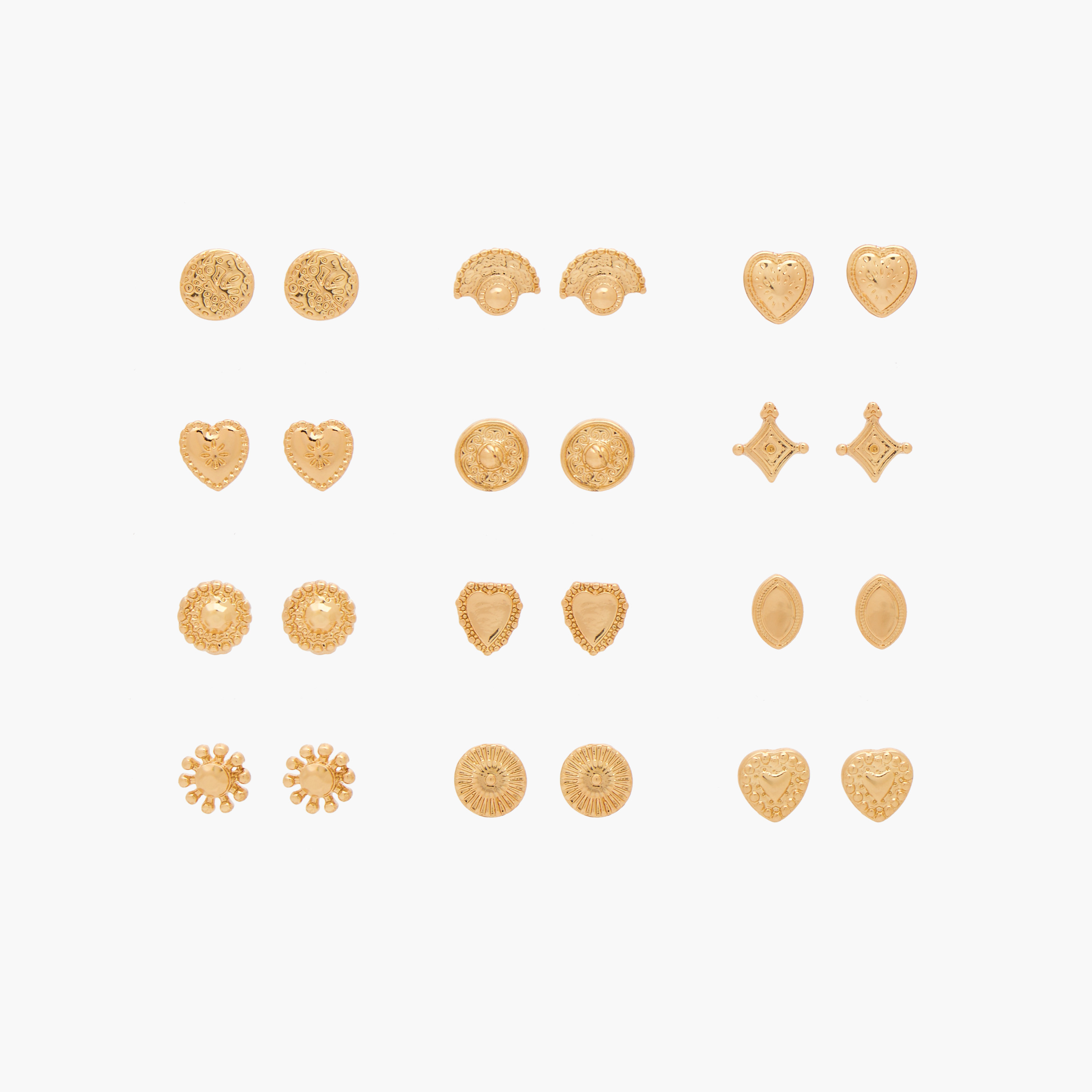 Gloo Pack of 12 Gold Finish Stud Earrings with Pushback Closure-women-watchesandjewellery-jewellery-earrings-image-1