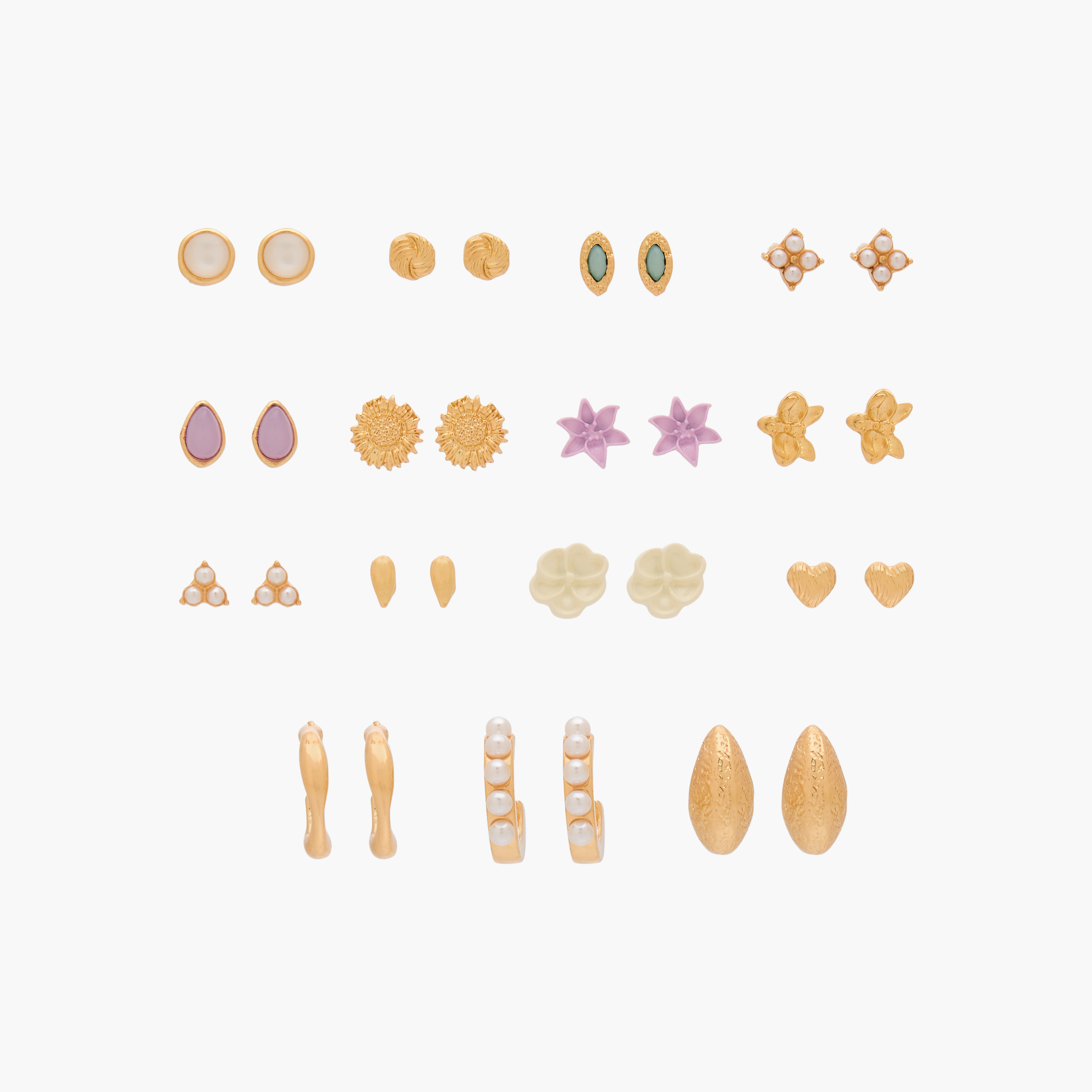 Gloo Pack of 15 Gold Finish Embellished Stud Earrings with Pushback Closure-women-watchesandjewellery-jewellery-earrings-image-1