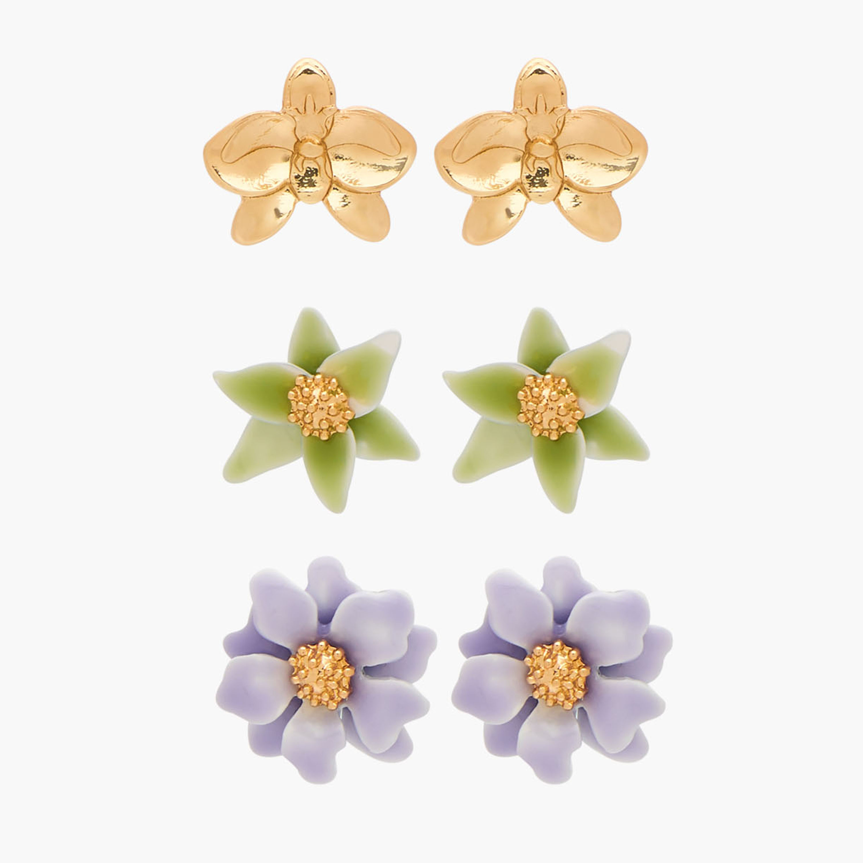 Gloo Pack of 3 Metallic Floral Stud Earrings with Pushback Closure-women-watchesandjewellery-jewellery-earrings-image-1