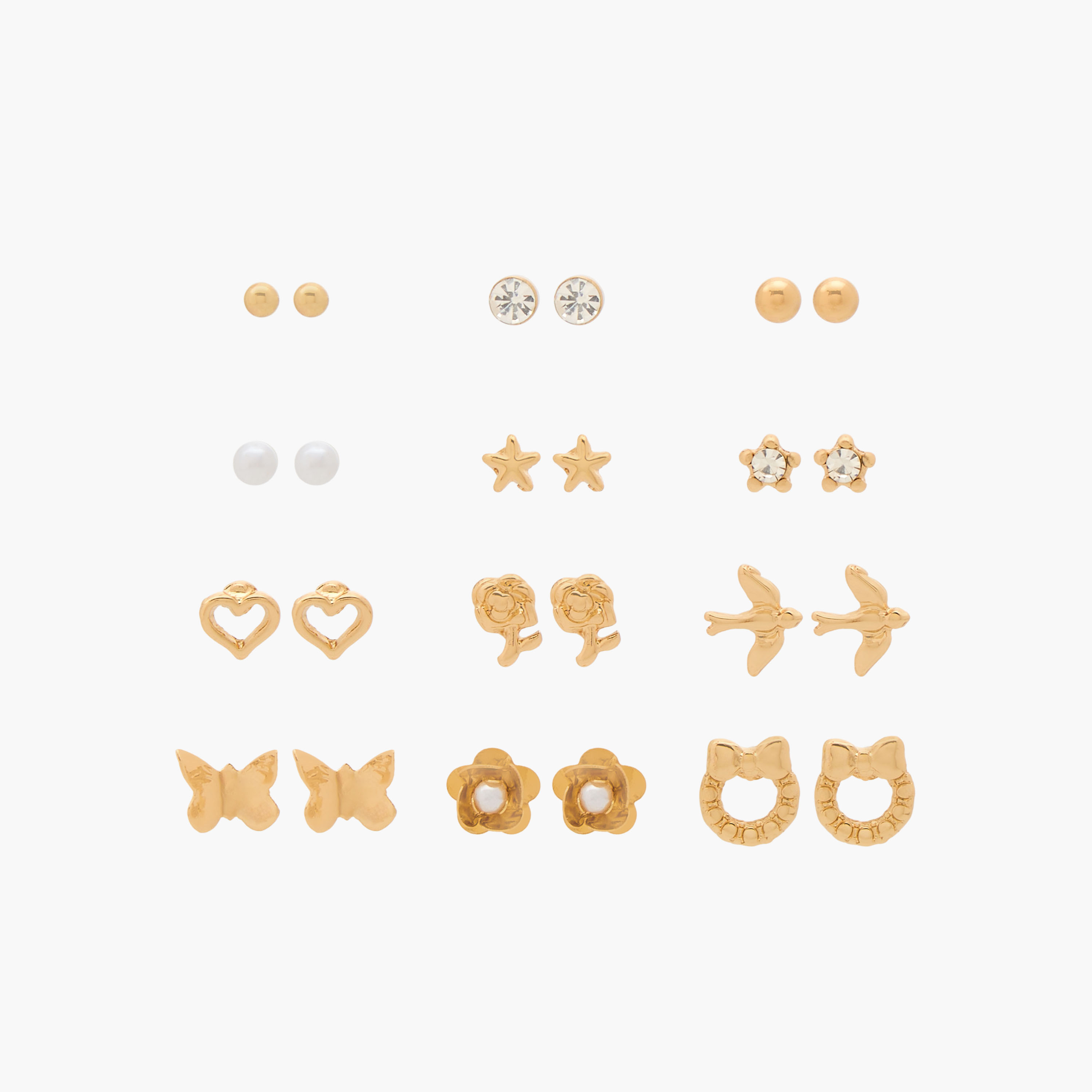 Gloo Pack of 12 Gold Finish Stud Earrings with Pushback Closure-women-watchesandjewellery-jewellery-earrings-image-1