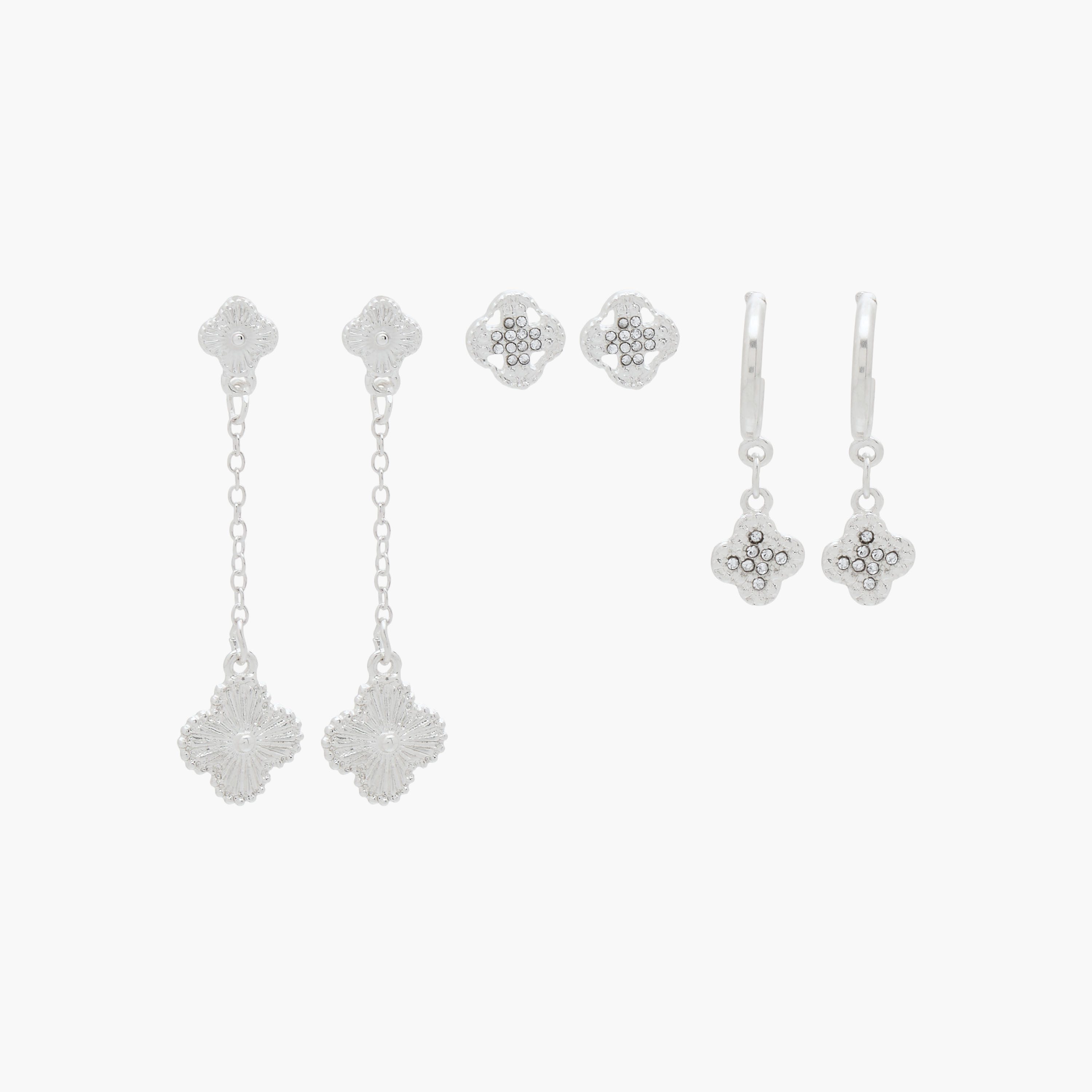 Gloo Pack of 3 Silver Finish Clover Embellished Earrings with Pushback Closure-women-watchesandjewellery-jewellery-earrings-image-1