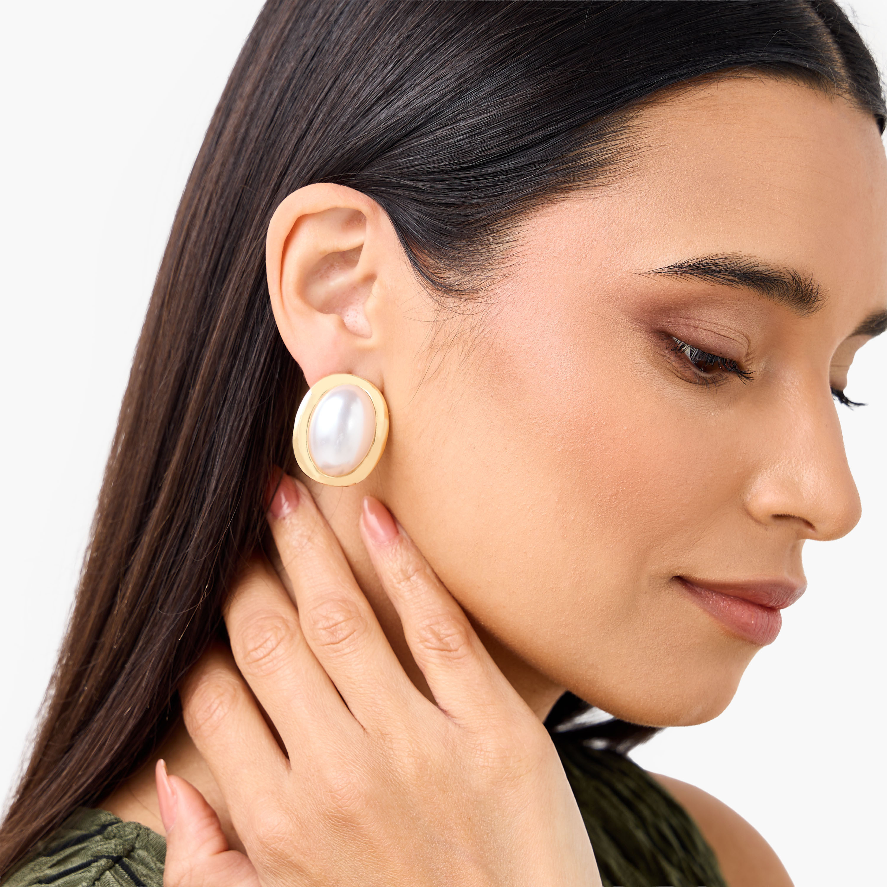 Gold Tone Pearl Embellished Stud Earrings with Pushback Closure-women-watchesandjewellery-jewellery-earrings-image-2