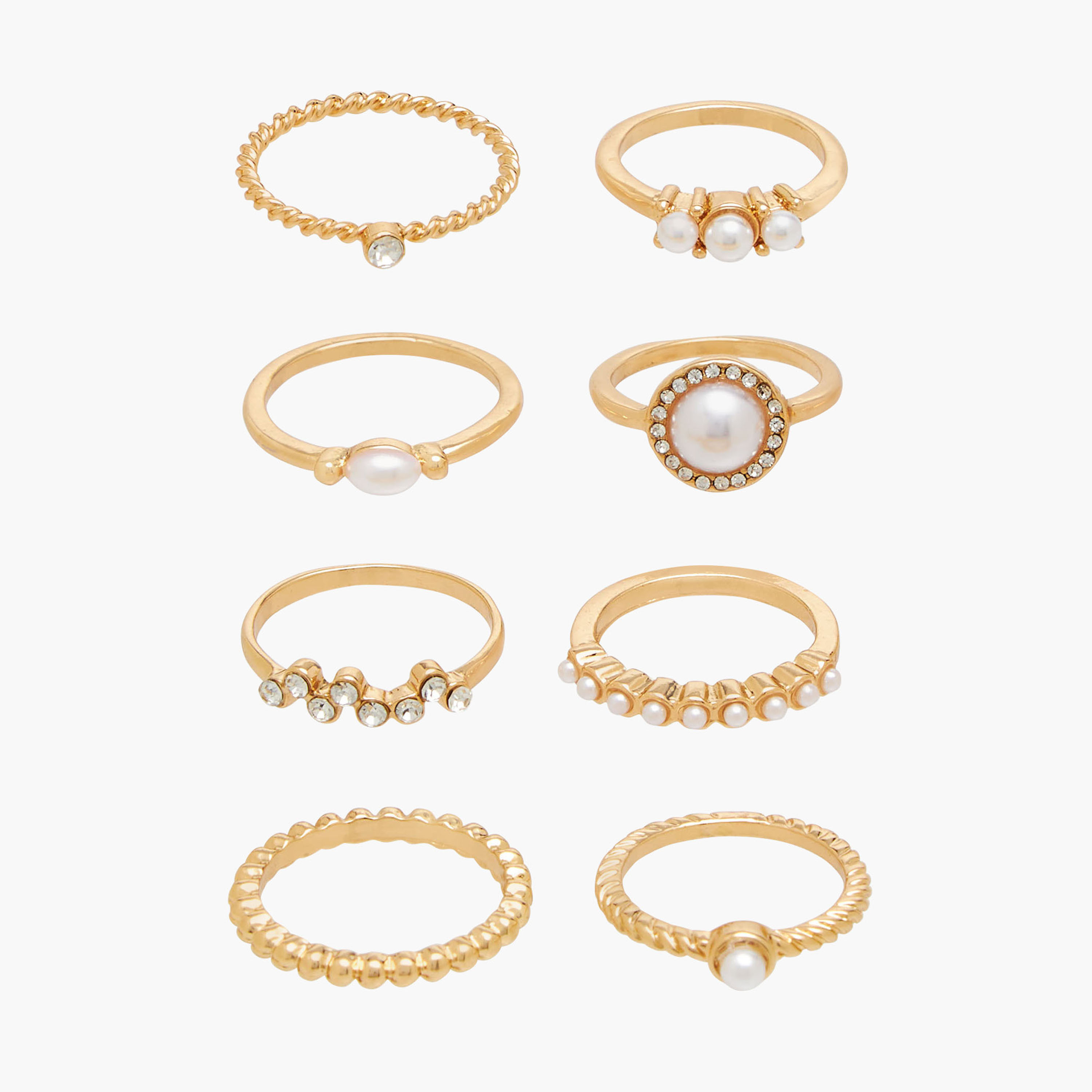 Stackable Gold Tone Ring with Pearl Embellished Detail - Set of 8-women-watchesandjewellery-jewellery-rings-image-1