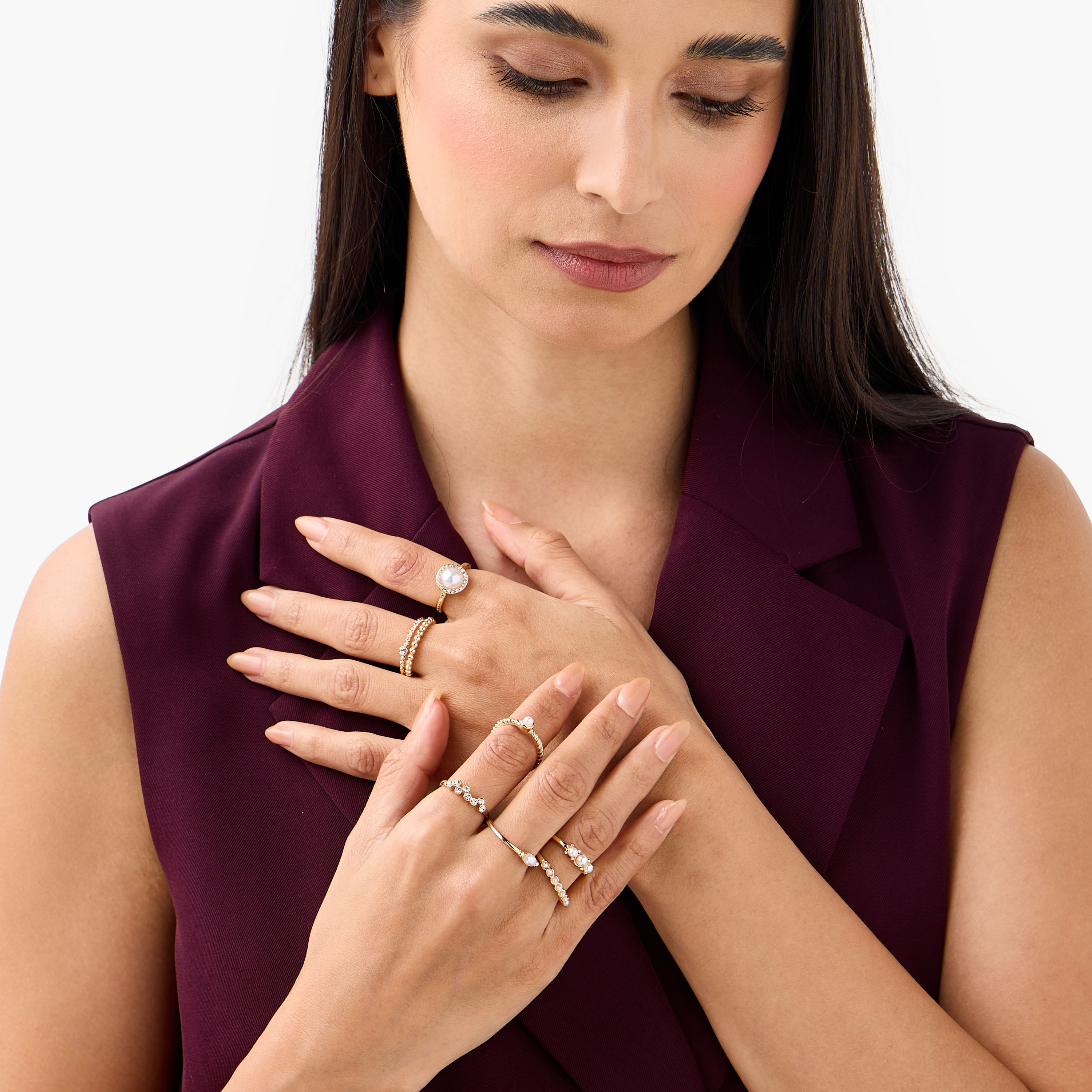 Stackable Gold Tone Ring with Pearl Embellished Detail - Set of 8-women-watchesandjewellery-jewellery-rings-image-2