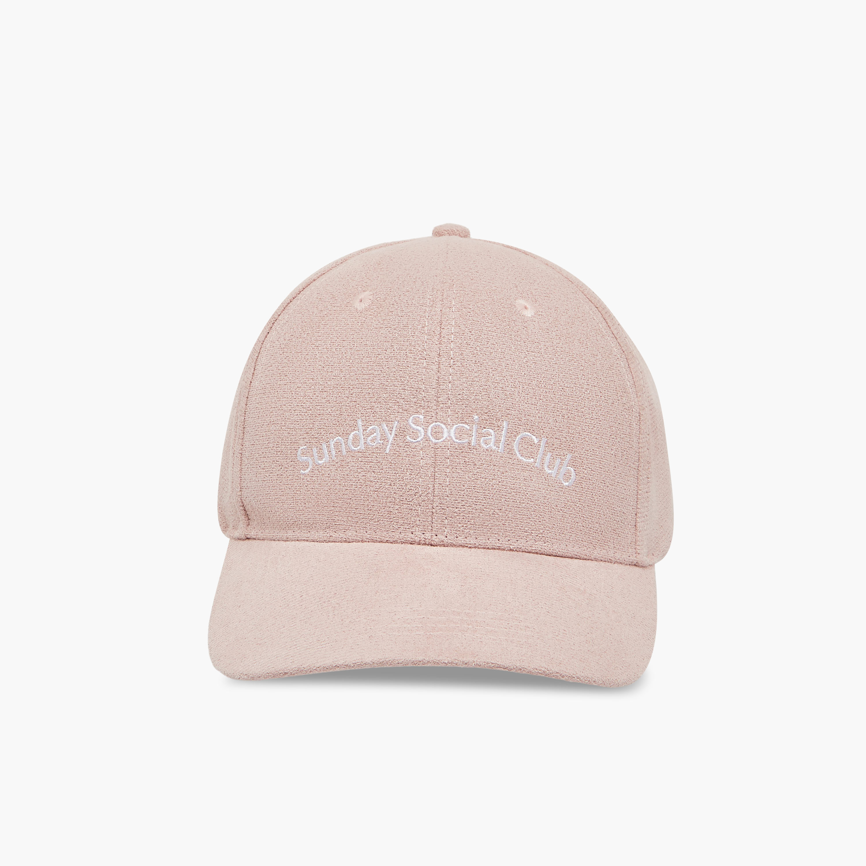 Slogan Embroidered Suede Cap with Buckled Strap Closure-women-clothingaccessories-capsandhats-image-1