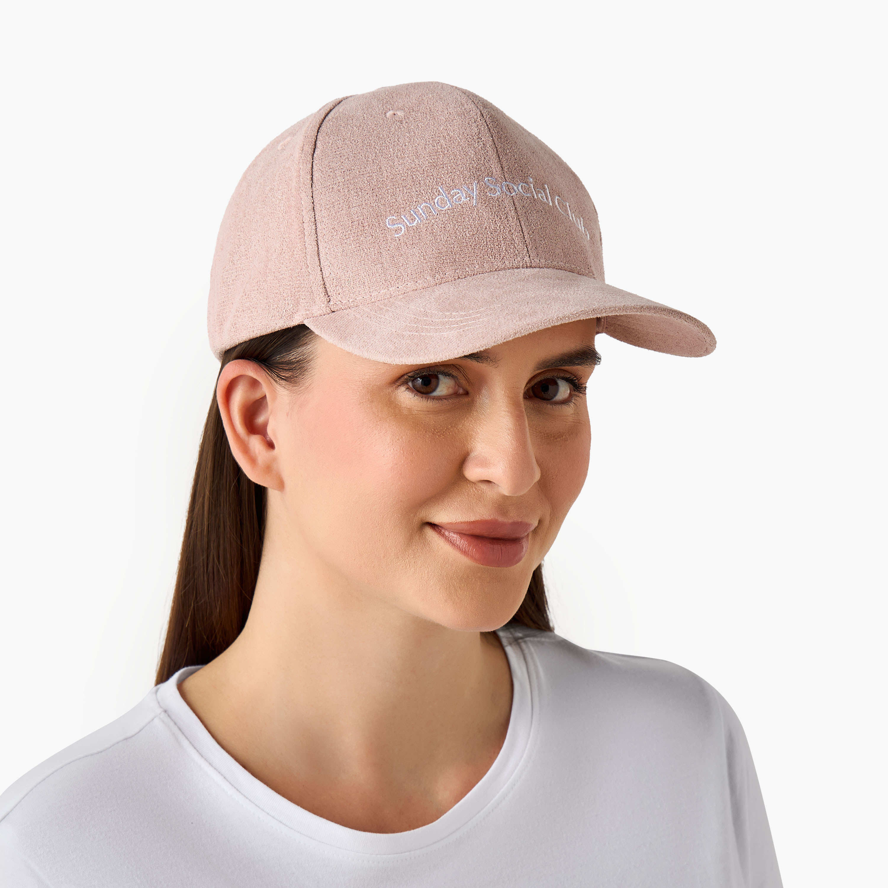 Slogan Embroidered Suede Cap with Buckled Strap Closure-women-clothingaccessories-capsandhats-image-2