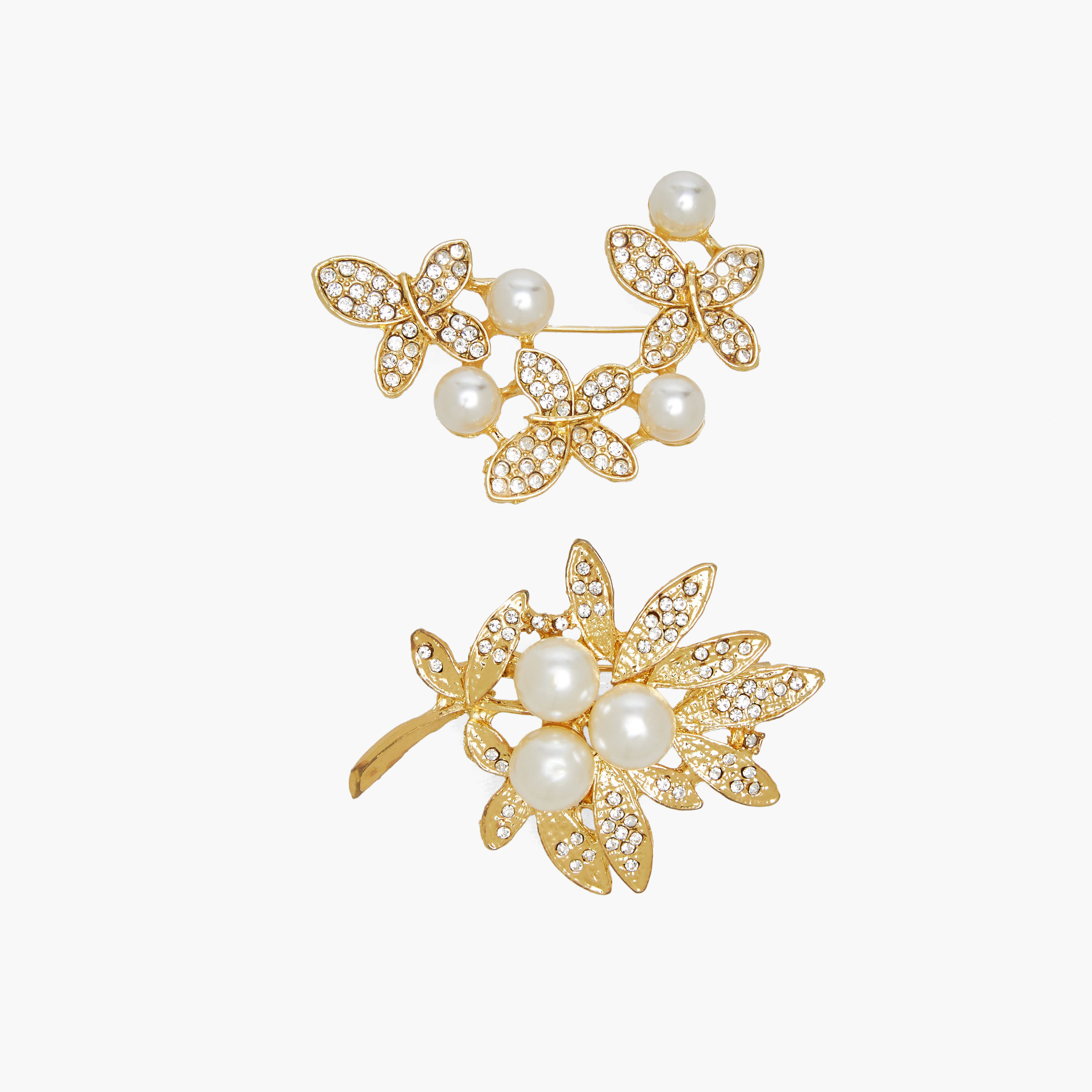 Metallic Finish Brooch with Pearl and Stone Embellishments - Set of 2-women-clothingaccessories-novelties-image-1