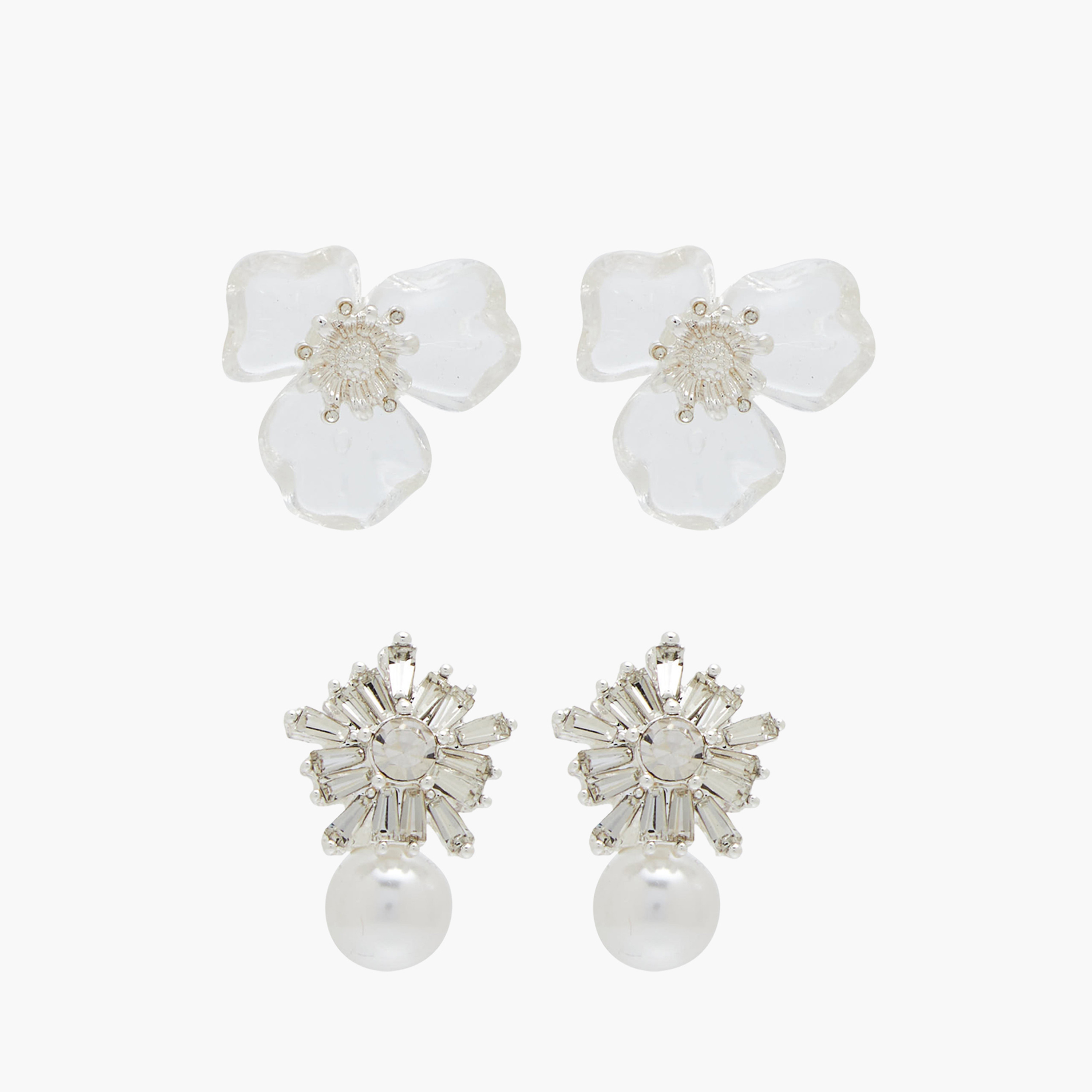 Pack of 2 Silver Finish Floral Embellished Earrings with Pushback Closure-women-watchesandjewellery-jewellery-earrings-image-1