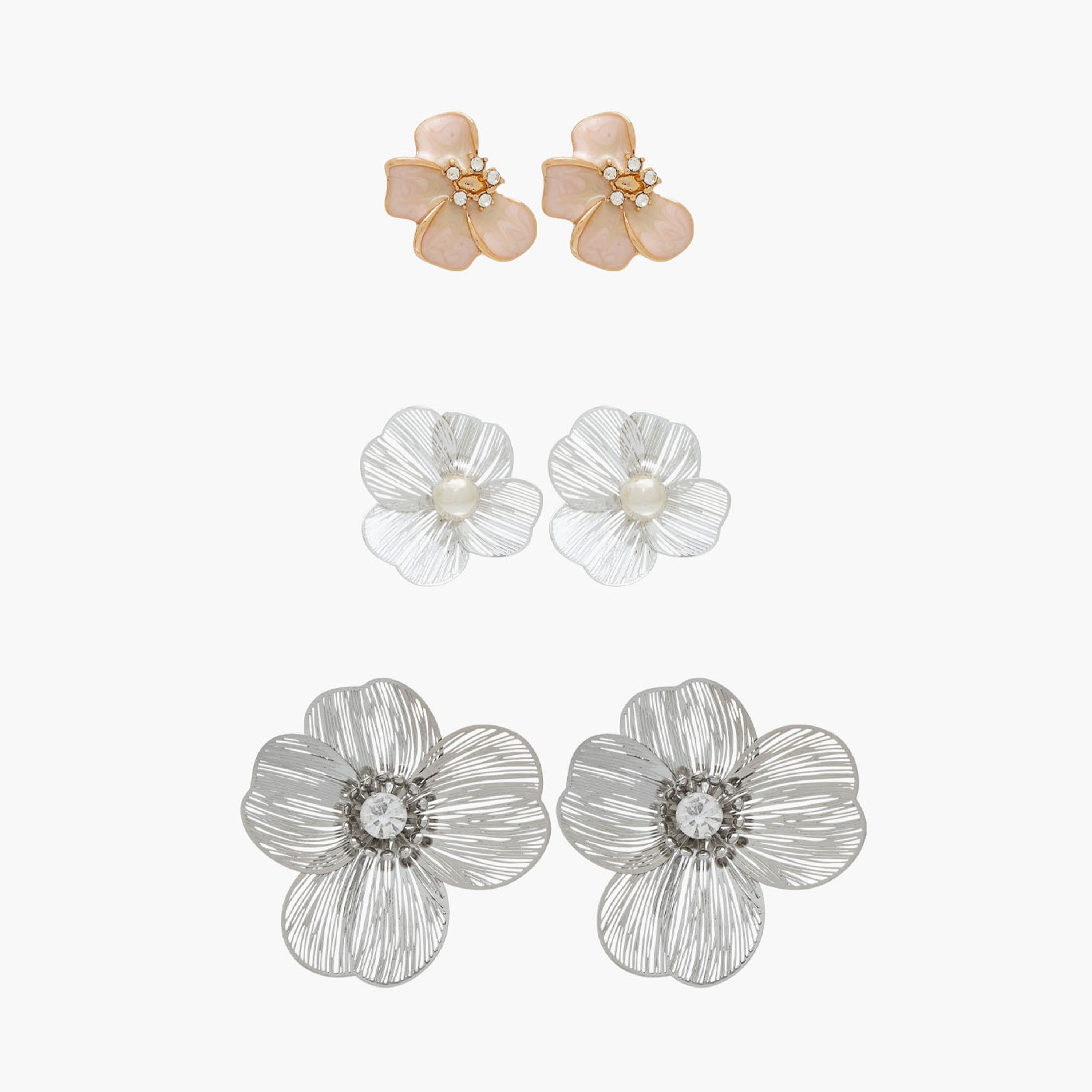 Pack of 3 Floral Embellished Earrings with Pushback Closure-women-watchesandjewellery-jewellery-earrings-image-1