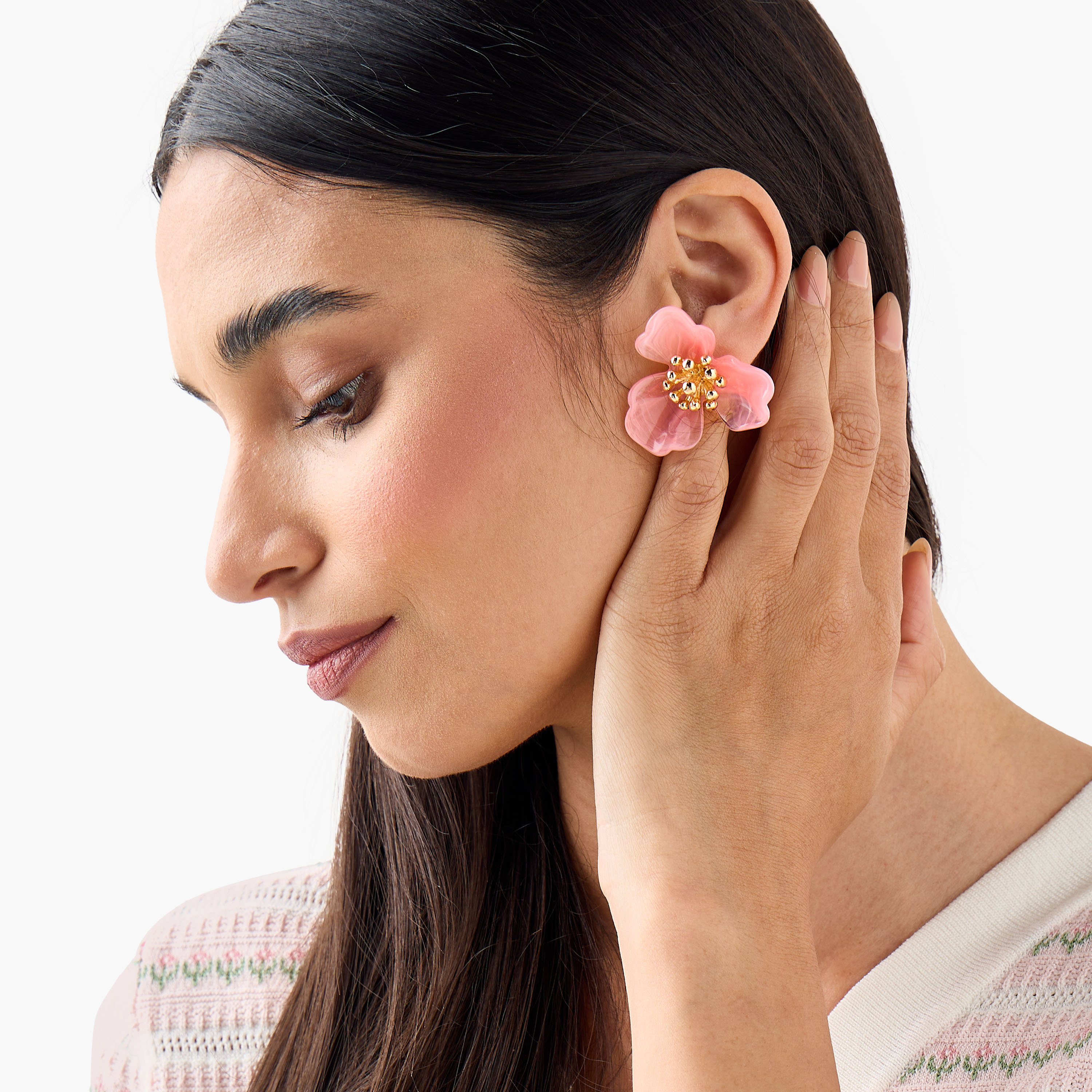 Gold Finish Floral Embellished Resin Earrings with Pushback Closure-women-watchesandjewellery-jewellery-earrings-image-2