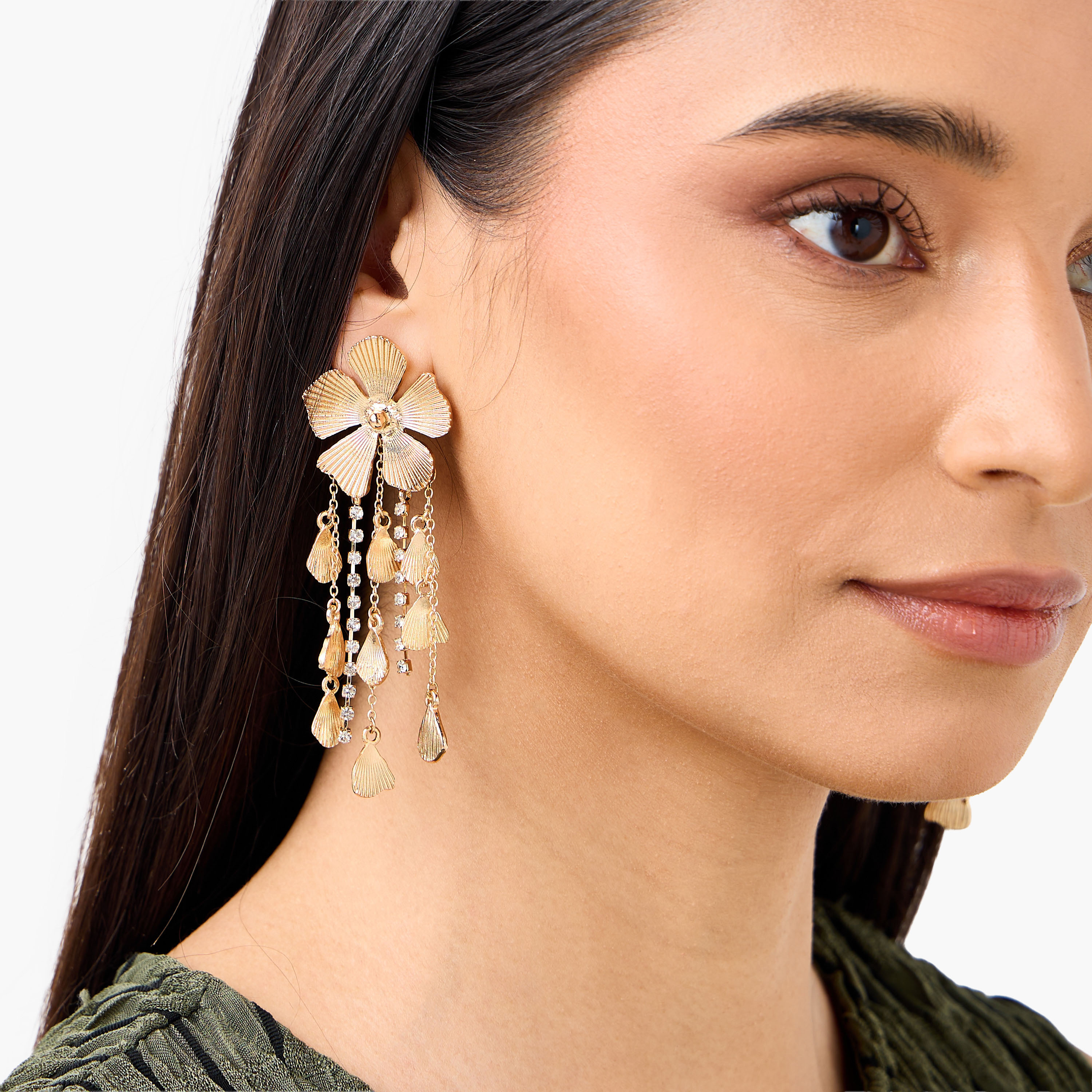Gold Tone Floral Drop Earrings with Pushback Closure-women-watchesandjewellery-jewellery-earrings-image-2