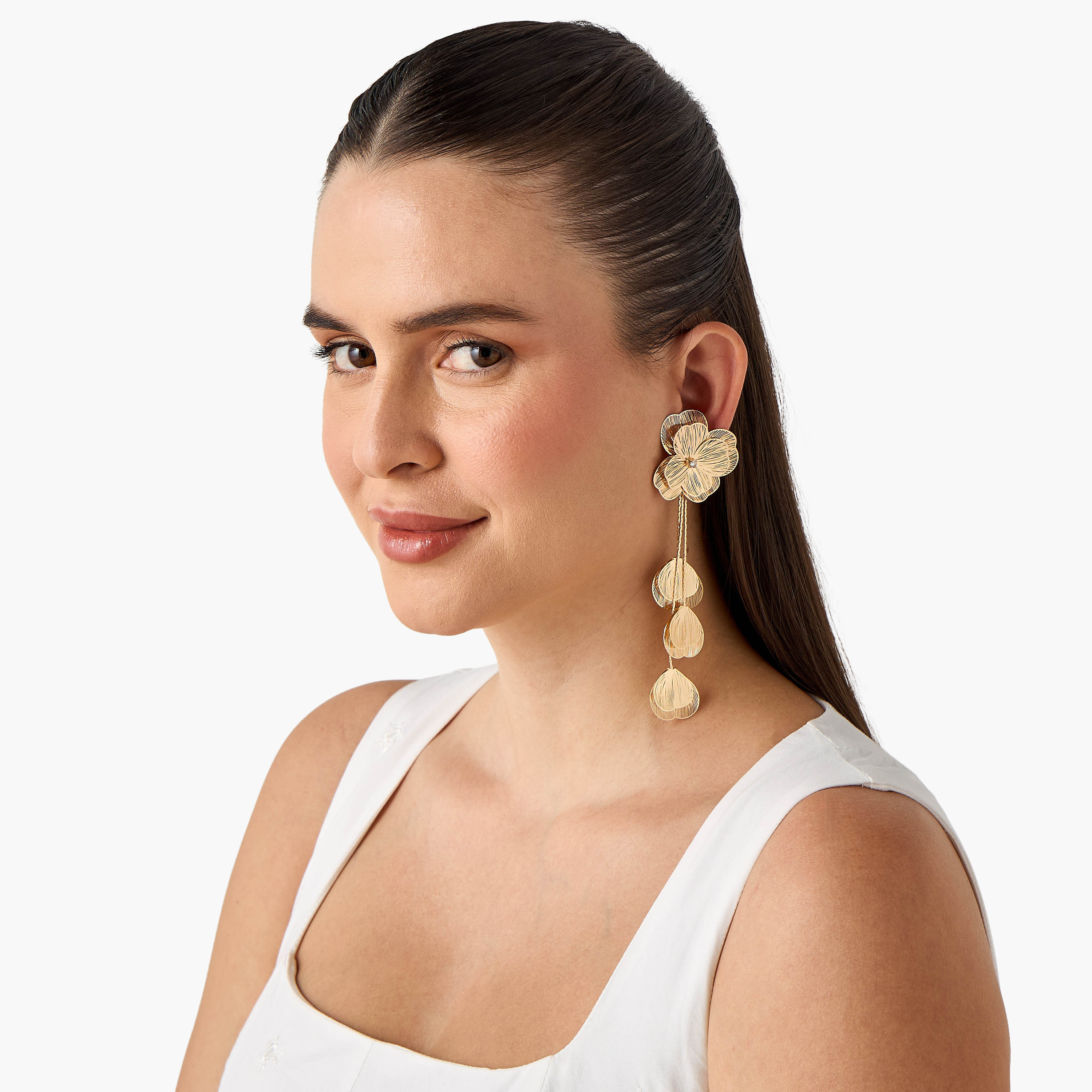 Metallic Filligree Floral Drop Earrings with Pushback Closure-women-watchesandjewellery-jewellery-earrings-image-2