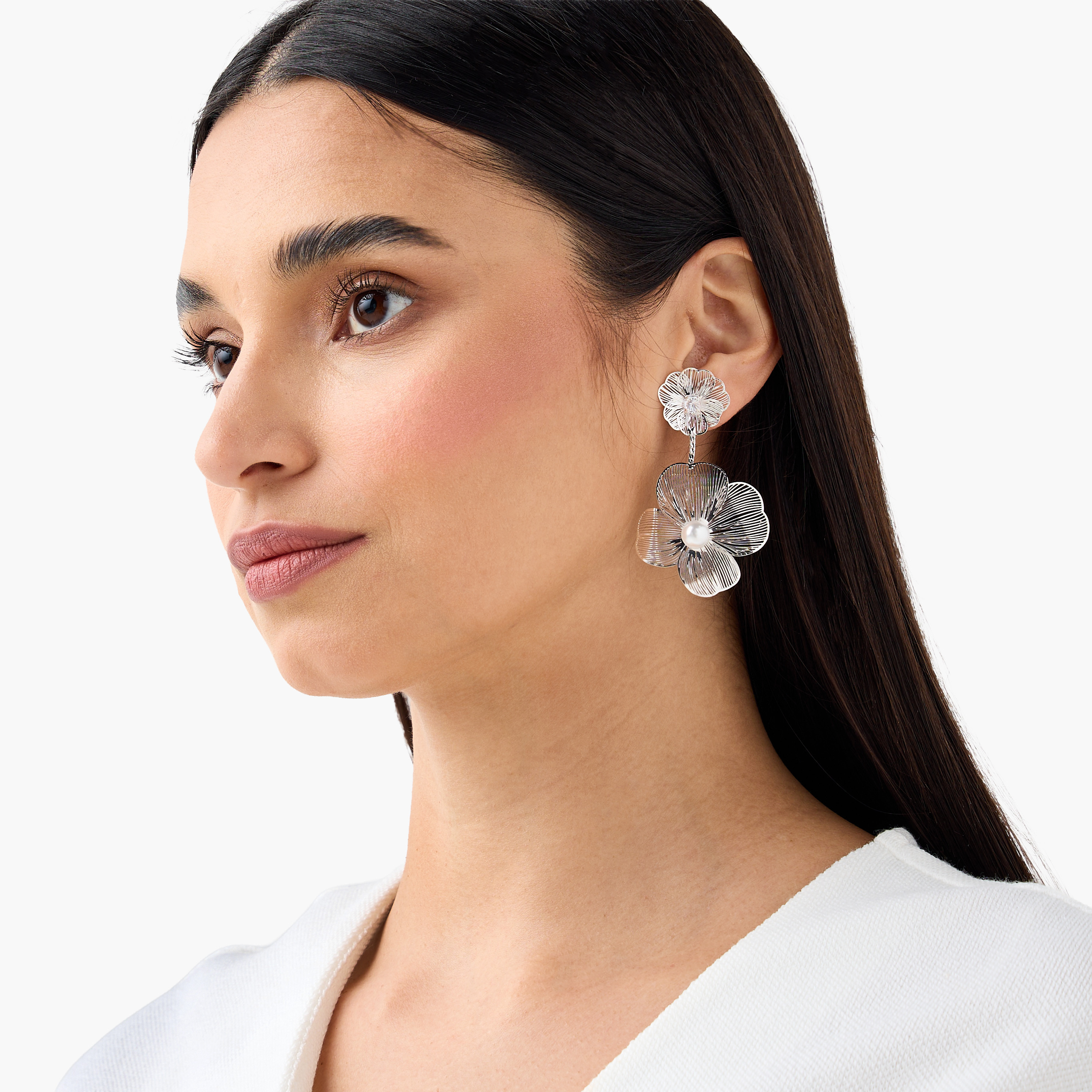 Silver Finish Floral Embellished Dangling Earrings with Pushback Closure-women-watchesandjewellery-jewellery-earrings-image-2