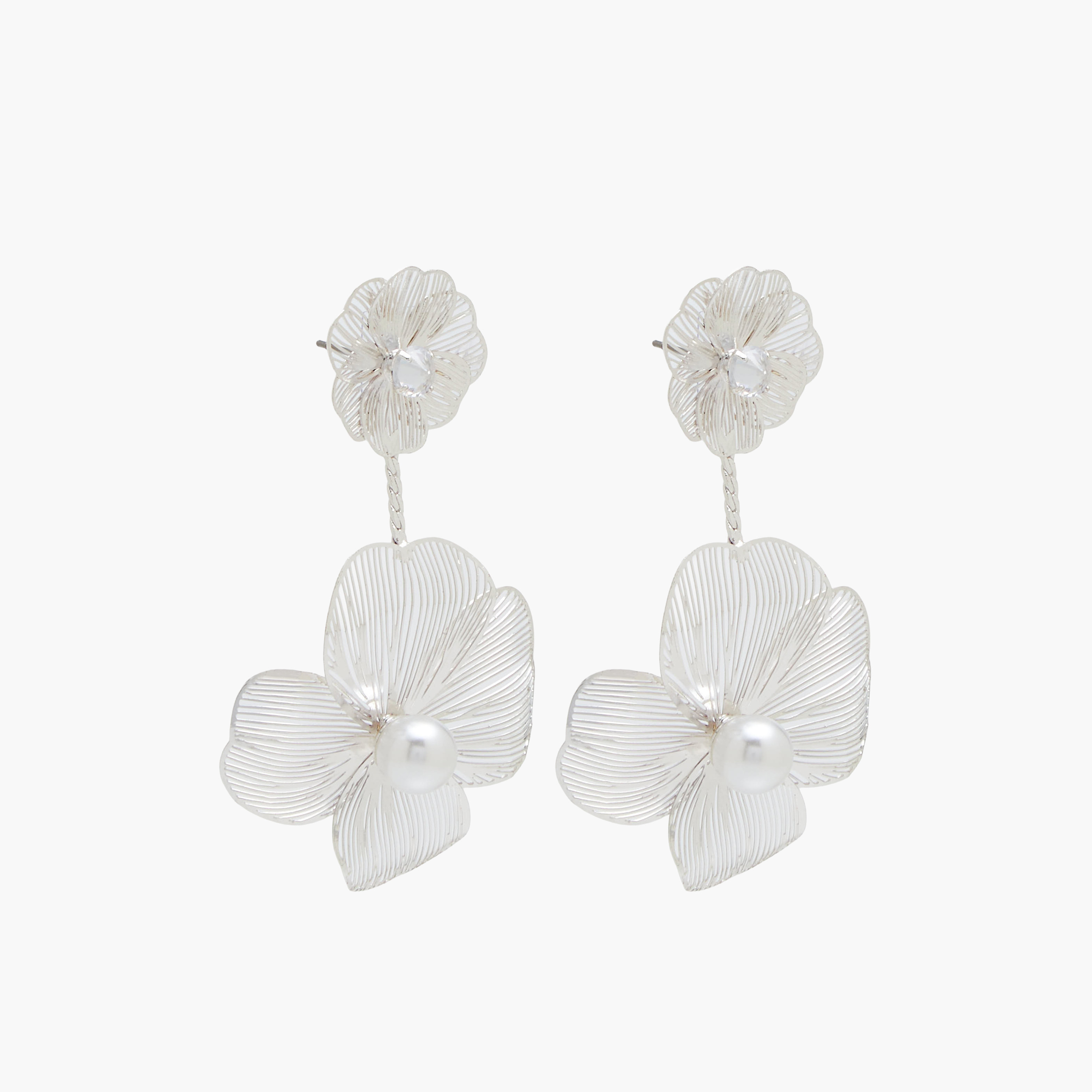 Silver Finish Floral Embellished Dangling Earrings with Pushback Closure-women-watchesandjewellery-jewellery-earrings-image-3