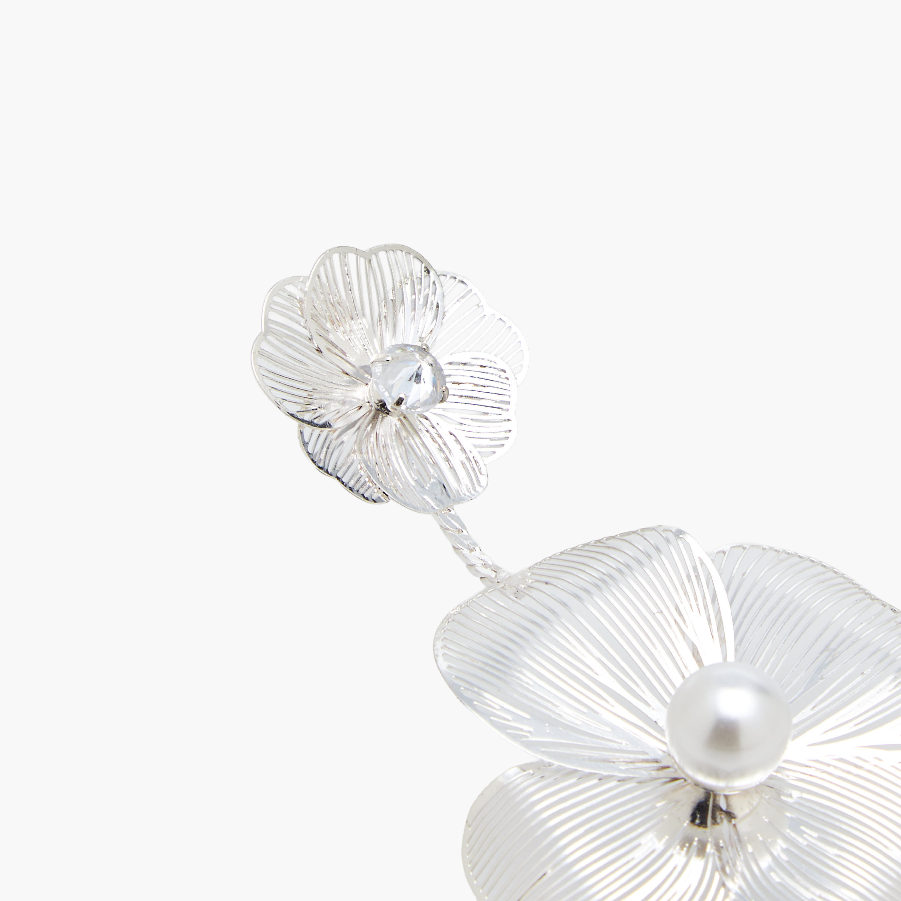 Silver Finish Floral Embellished Dangling Earrings with Pushback Closure-women-watchesandjewellery-jewellery-earrings-image-4