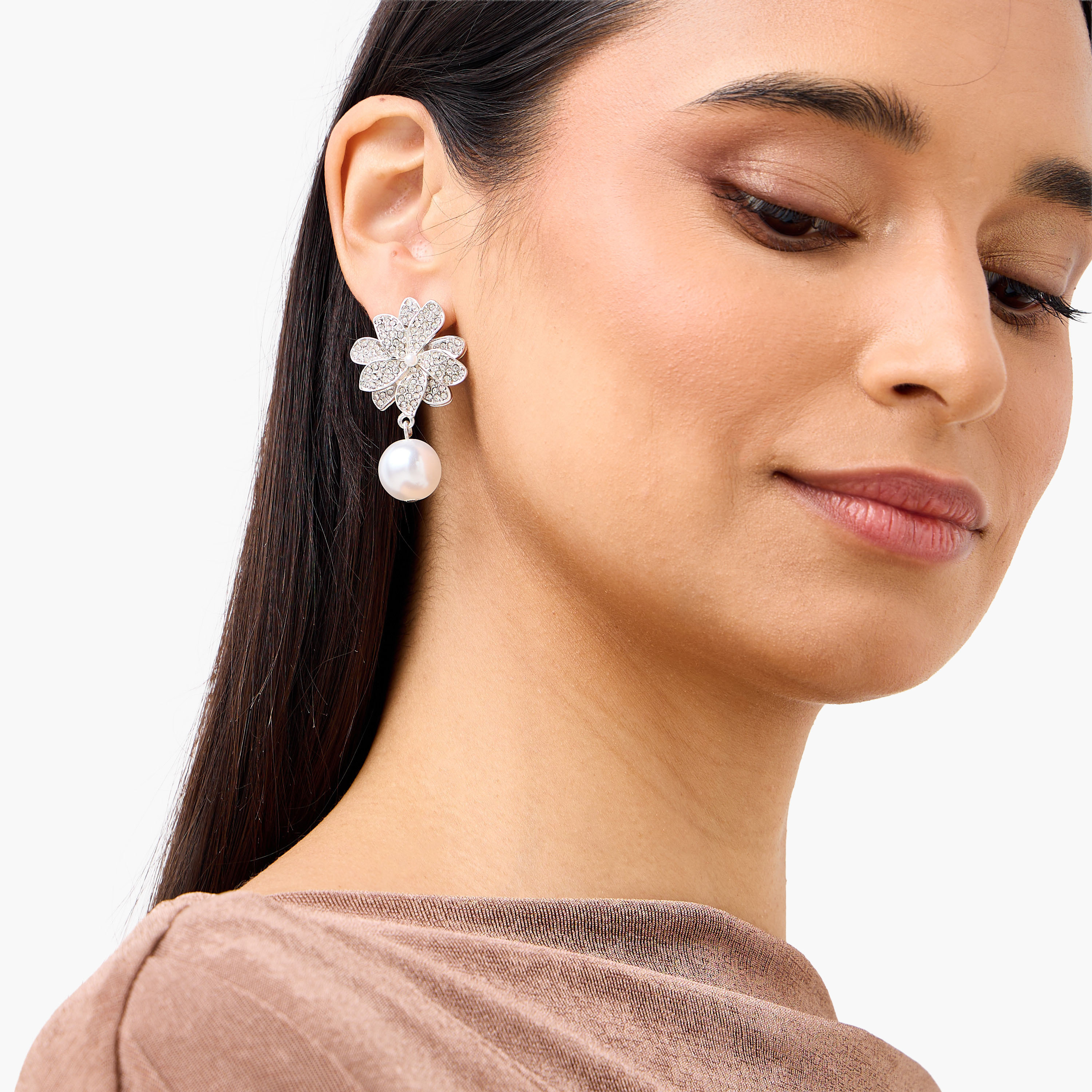Silver Tone Floral Drop Earrings with Pushback Closure-women-watchesandjewellery-jewellery-earrings-image-2