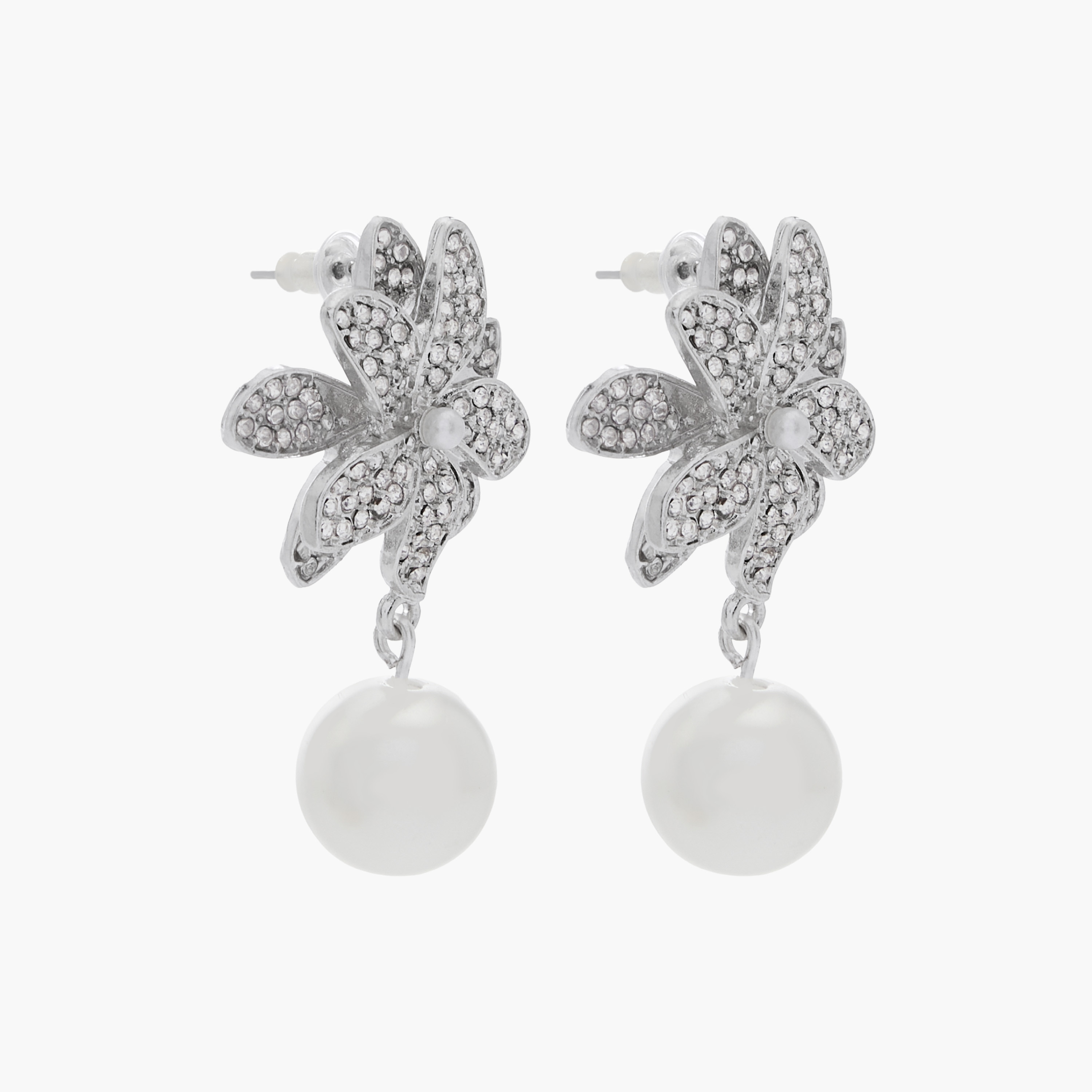 Silver Tone Floral Drop Earrings with Pushback Closure-women-watchesandjewellery-jewellery-earrings-image-3
