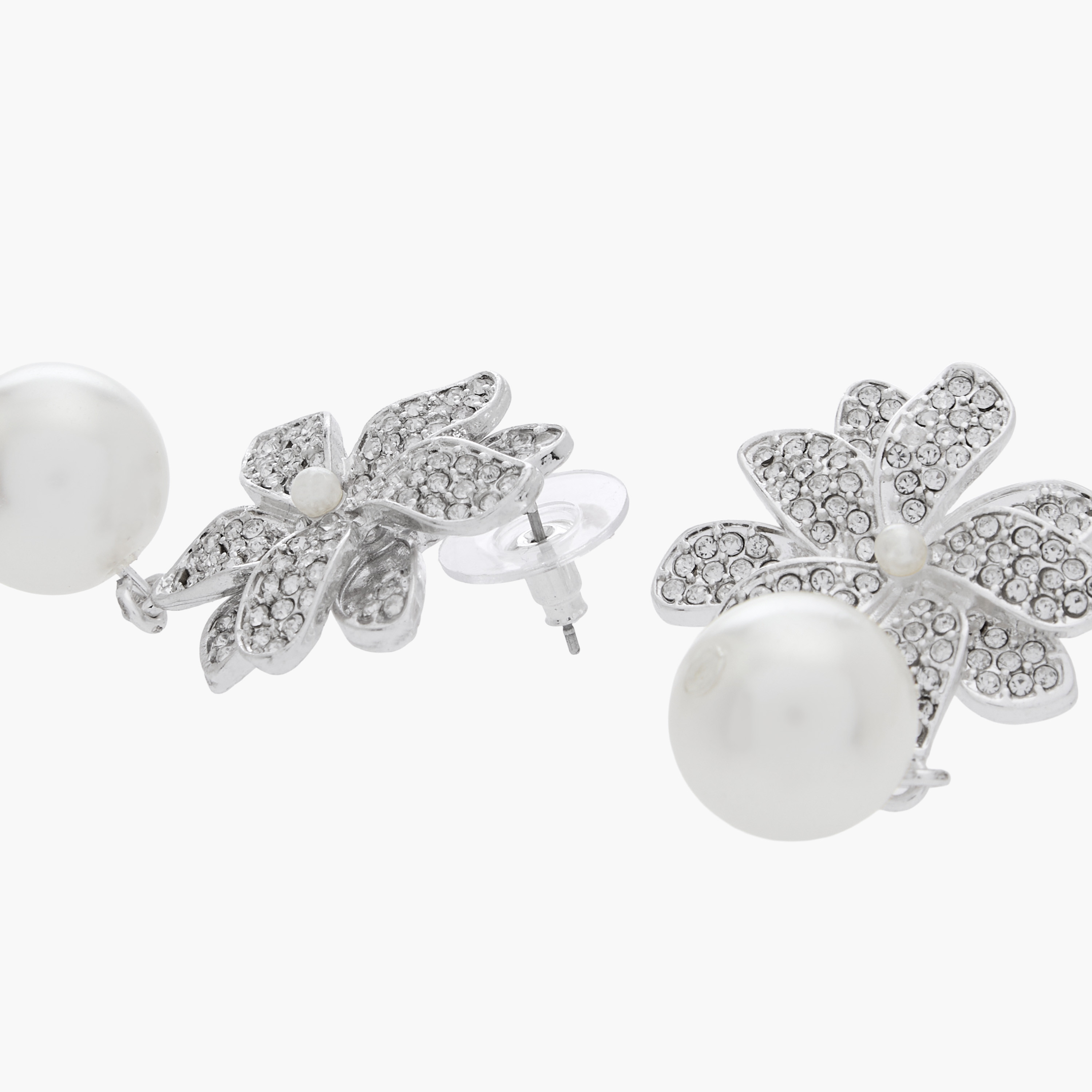 Silver Tone Floral Drop Earrings with Pushback Closure-women-watchesandjewellery-jewellery-earrings-image-4