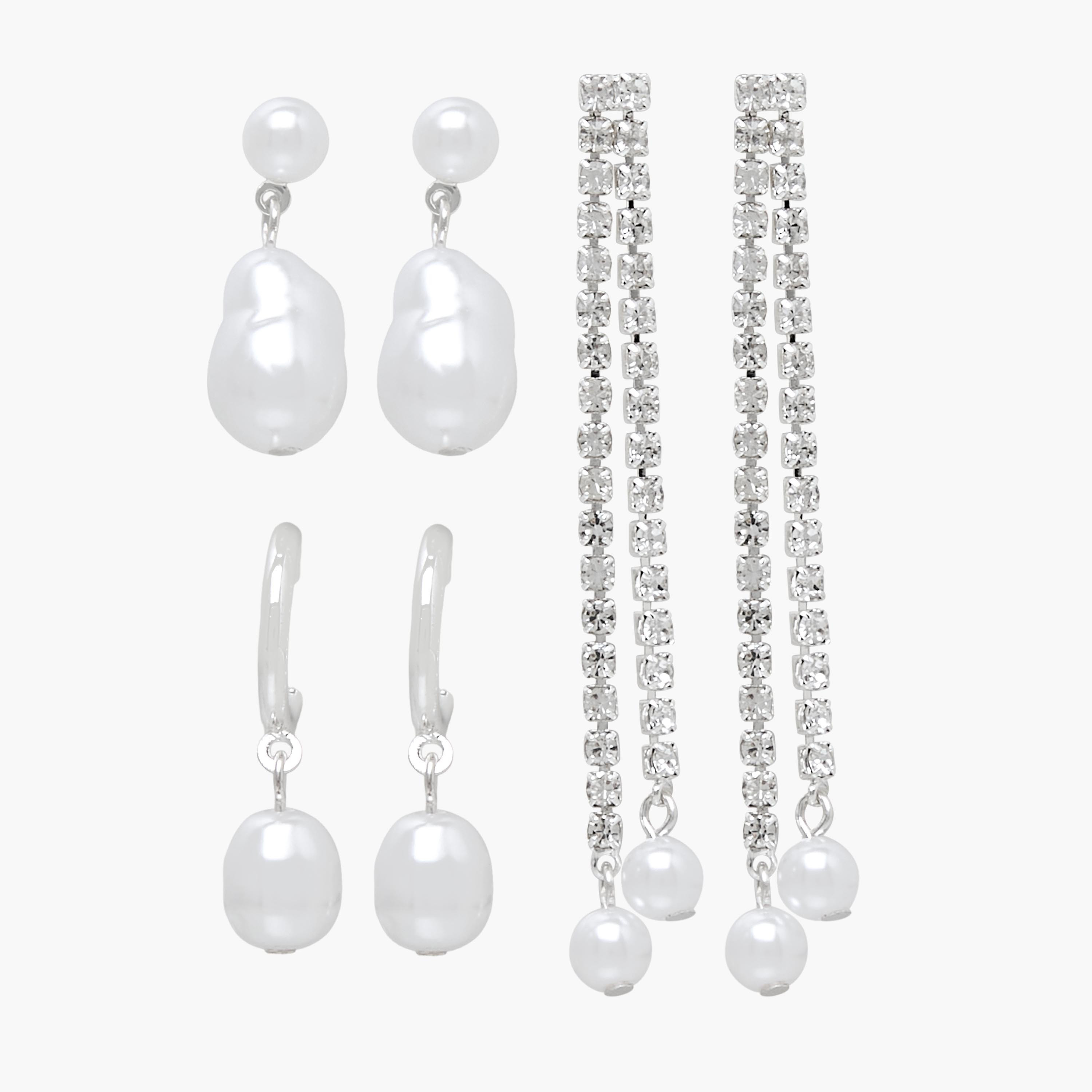 Gloo Pack of 3 Silver Tone Pearl Dangler Earrings with Pushback Closure-women-watchesandjewellery-jewellery-earrings-image-1