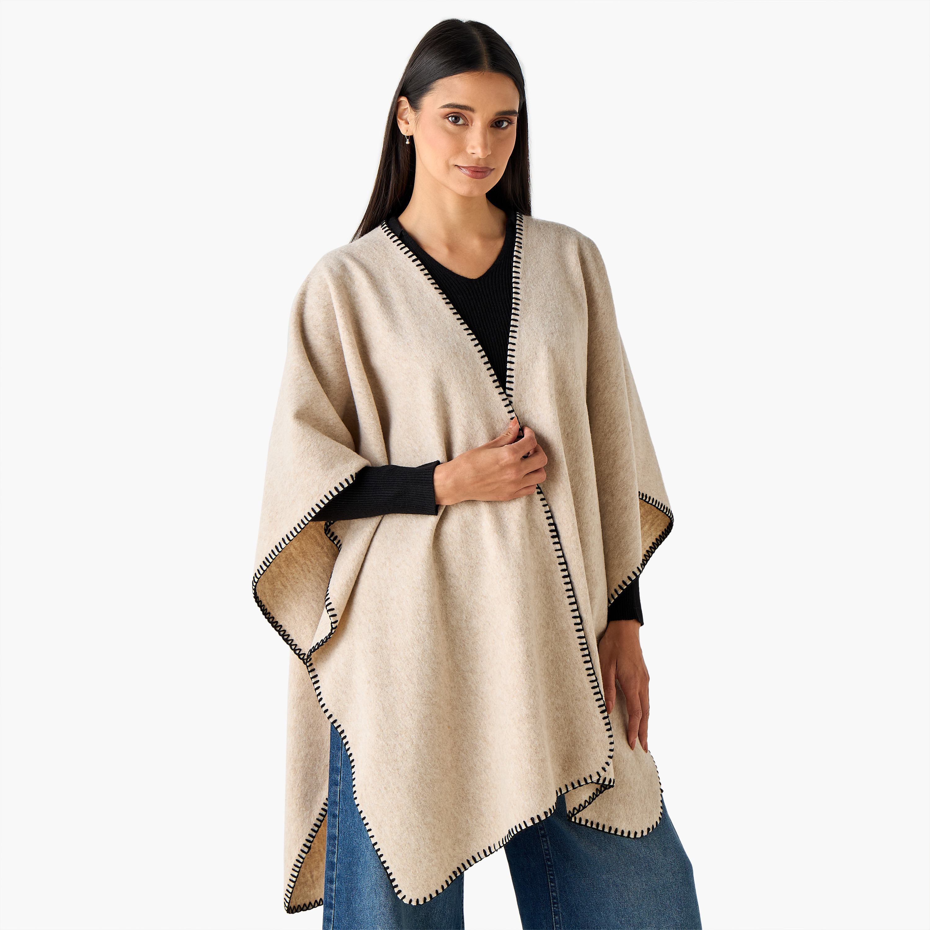 Scarf Cape with Stitch Detail-women-winterwear-scarves-image-1