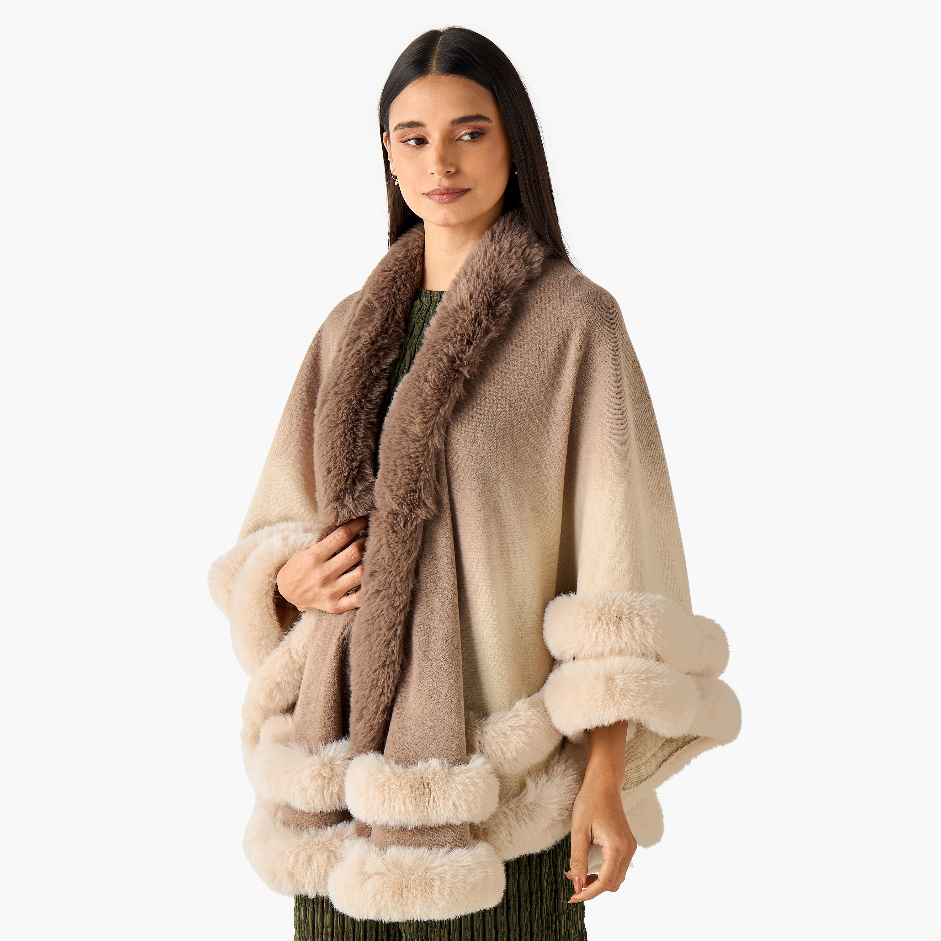 Scarf Cape Shaped with Ombre Fur Trim Design-women-winterwear-scarves-image-1