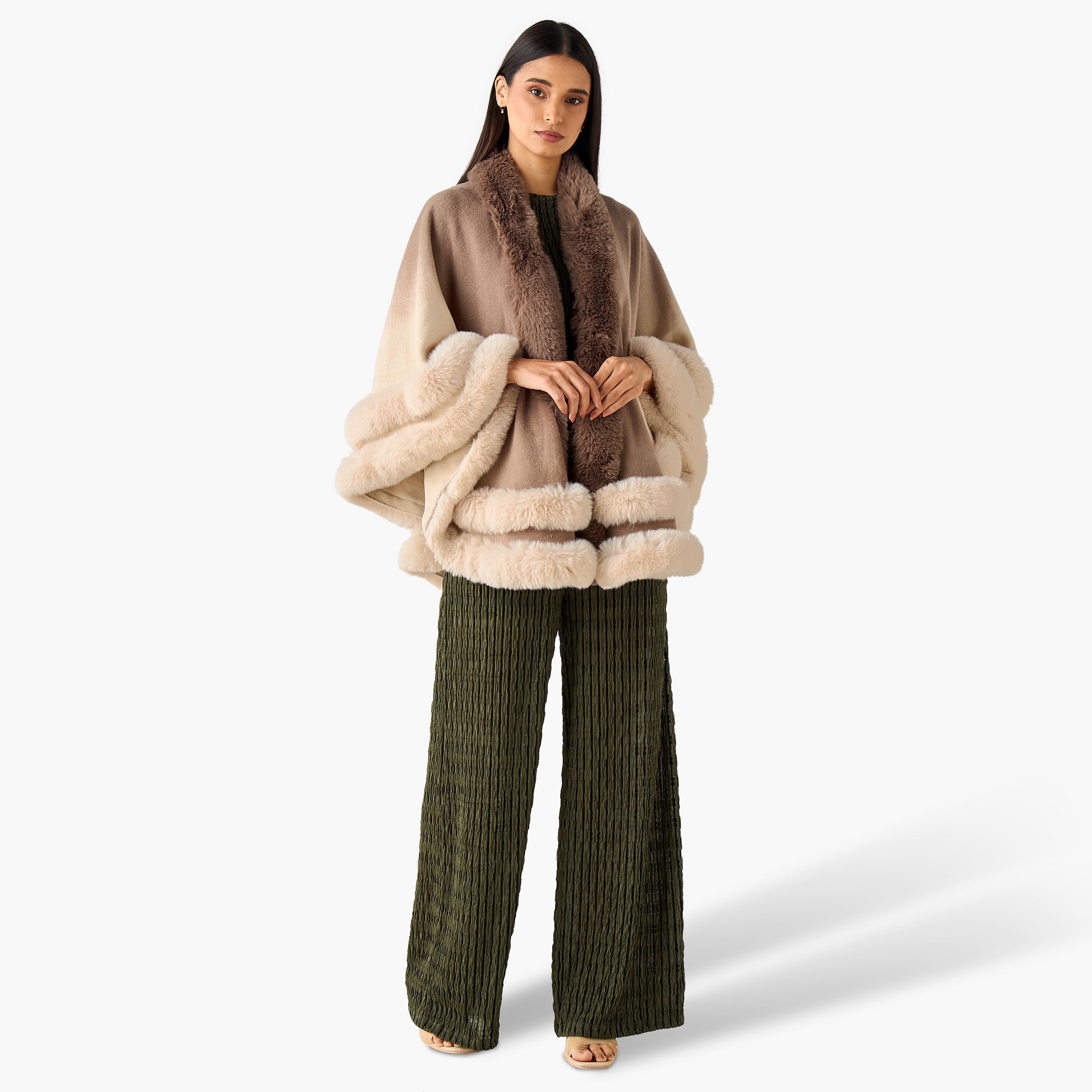 Scarf Cape Shaped with Ombre Fur Trim Design-women-winterwear-scarves-image-2
