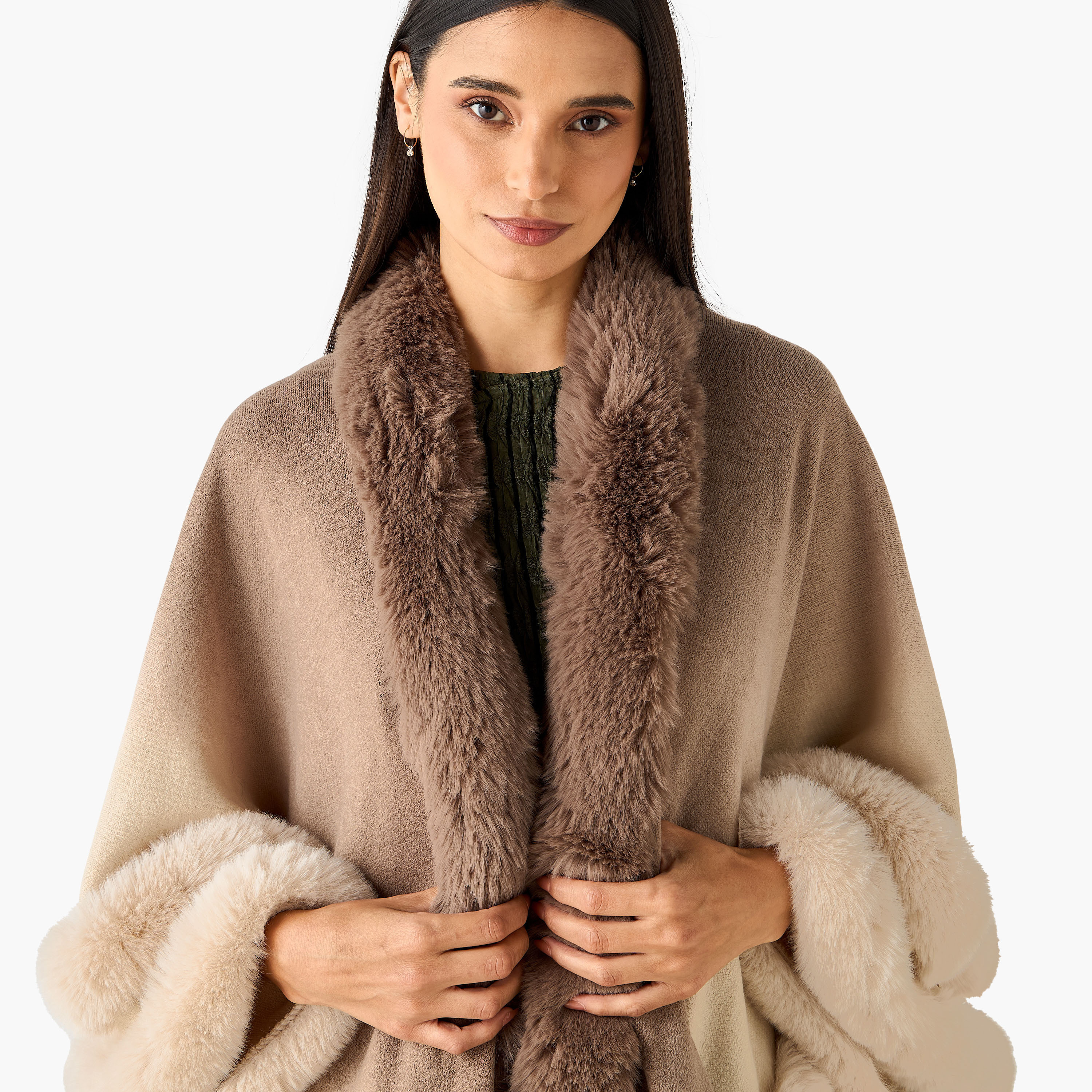 Scarf Cape Shaped with Ombre Fur Trim Design-women-winterwear-scarves-image-3